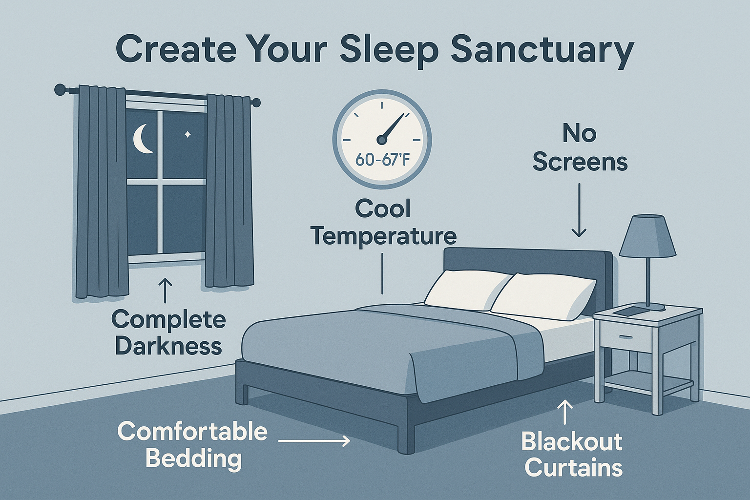 A landscape image (1536x1024) showing a practical sleep optimization bedroom setup. The illustration features a cross-section view of an ide