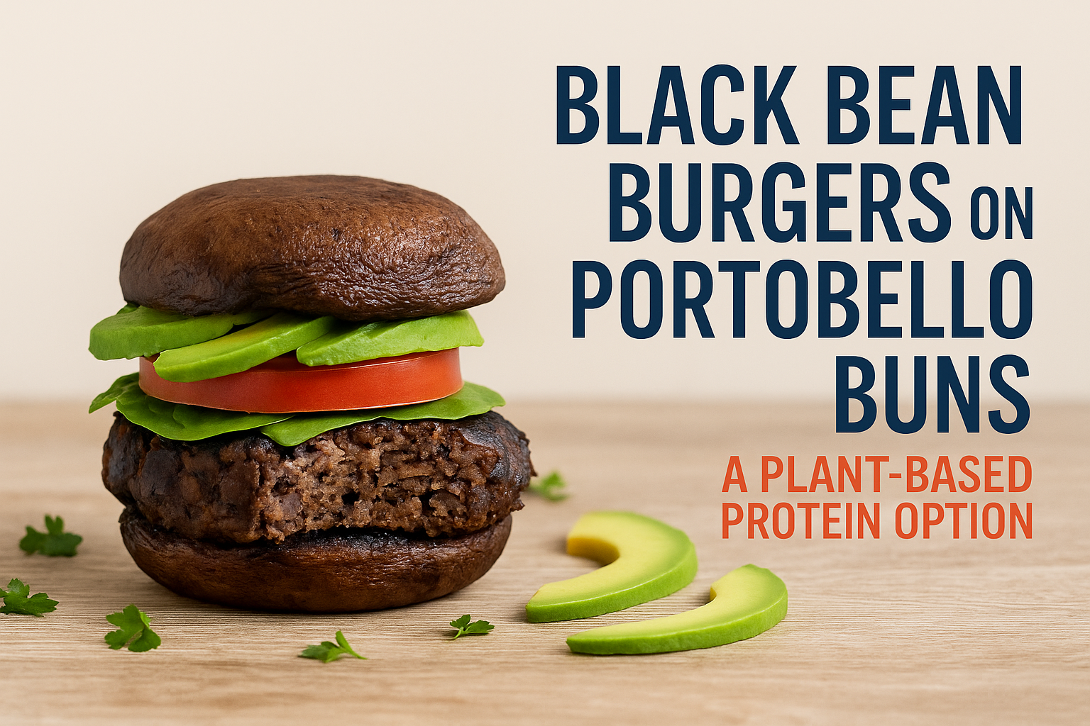 Create a 1536x1024 landscape cover image featuring a beautifully assembled black bean burger on portobello mushroom buns in the center-left,
