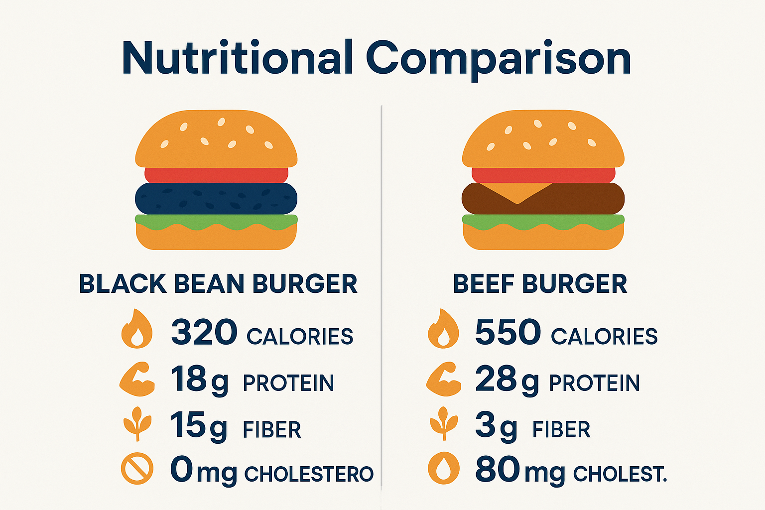 Create a 1536x1024 landscape infographic showing the nutritional comparison between a black bean burger and a traditional beef burger. Use a