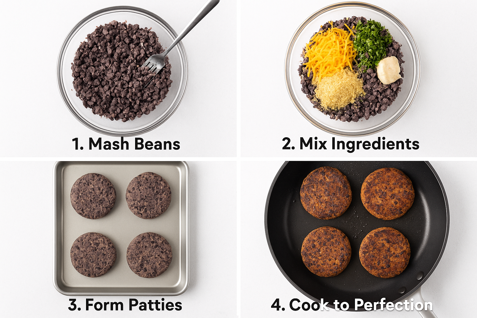 Create a 1024x1024 square image showing a step-by-step visual guide for forming perfect black bean burger patties. Display four stages in a 