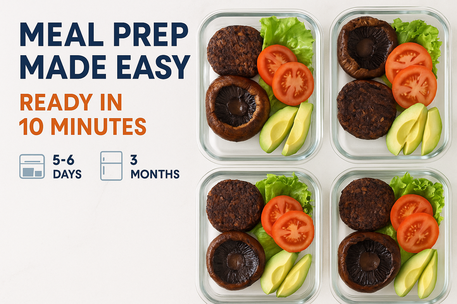 Create a 1536x1024 landscape image showcasing meal prep containers with prepared black bean burgers and portobello mushroom caps. Show 4 gla