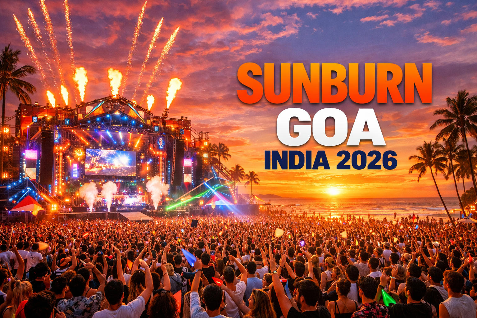 Create a vibrant festival cover image in 1536x1024 landscape format showing a massive electronic music festival stage at sunset on a beach w