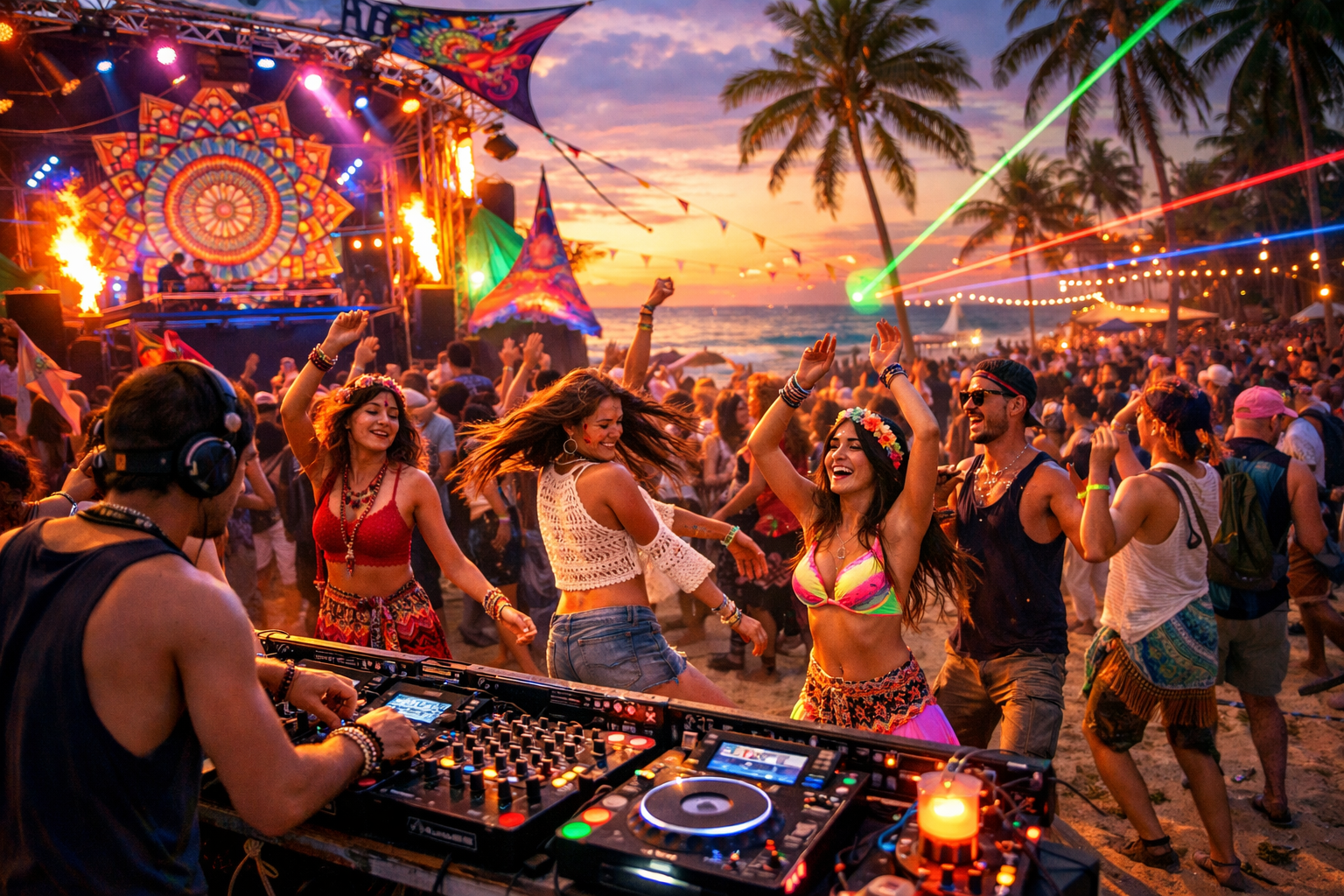 Create a beautiful beach festival scene in 1024x1024 square format showing young people in festival attire enjoying electronic music on Goa'