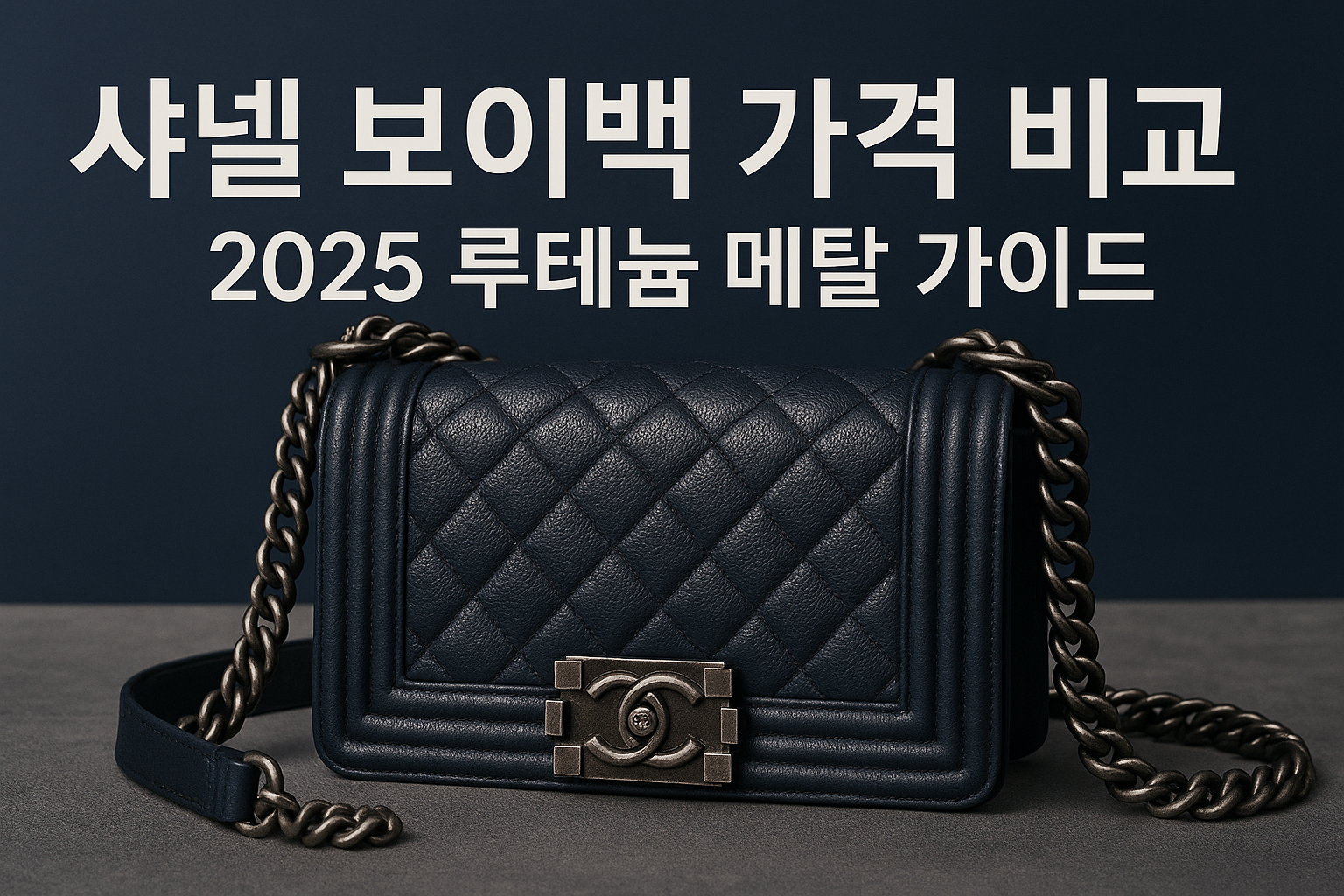Create a luxurious cover image in 1536x1024 format featuring an elegant Chanel Boy Bag with ruthenium metal hardware against a sophisticated