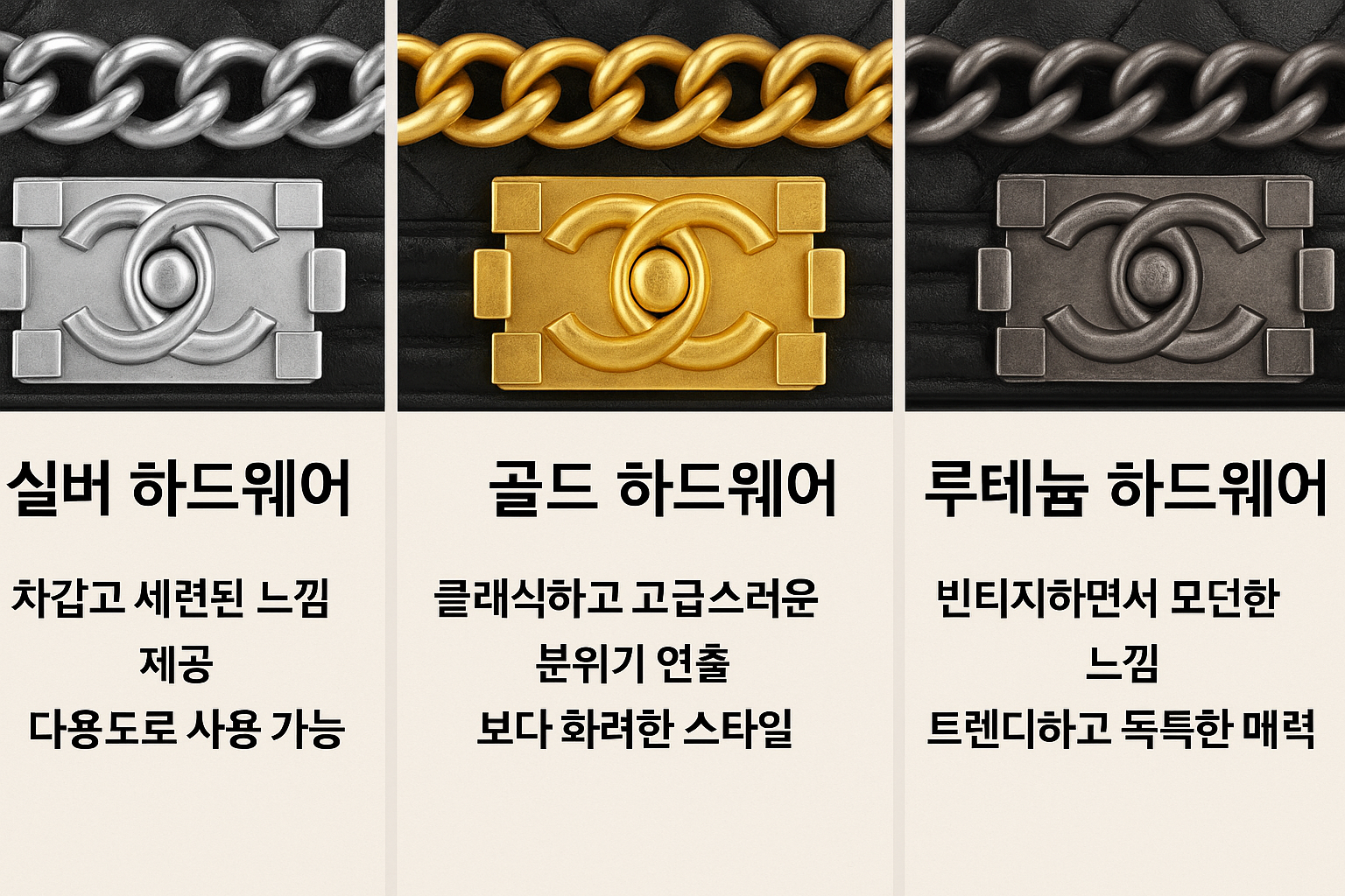 Create a comparison chart in 1536x1024 format showcasing different hardware finishes for Chanel Boy Bags. Show three sections: Silver hardwa