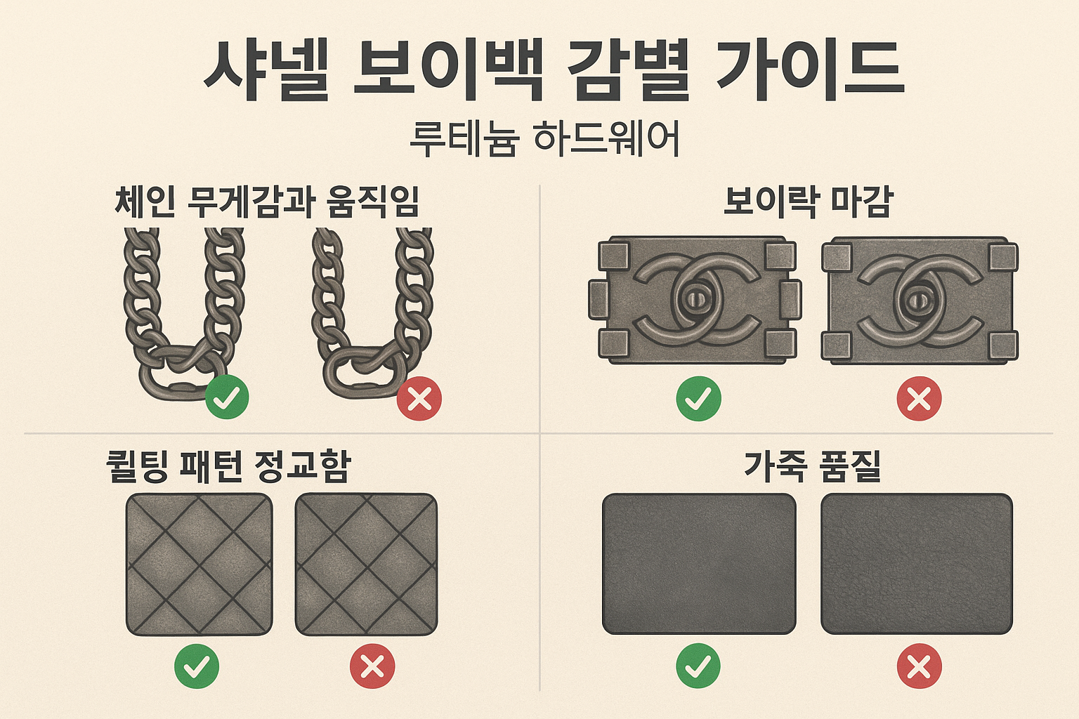 Design an authentication guide infographic in 1536x1024 format for Chanel Boy Bags with ruthenium hardware. Include close-up illustrations o