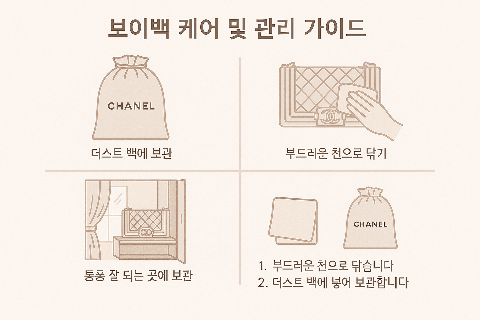 Create a care and maintenance guide visual in 1024x1024 format showing proper storage and cleaning methods for Chanel Boy Bags. Include illu