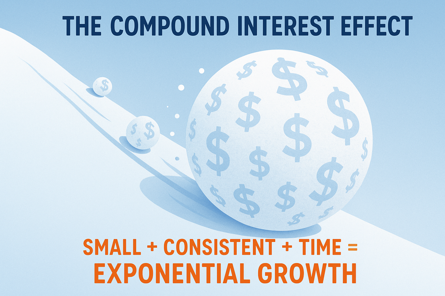 Create an educational illustration (1024x1024 square) showing the concept of compound interest visually. Design a snowball rolling down a sn