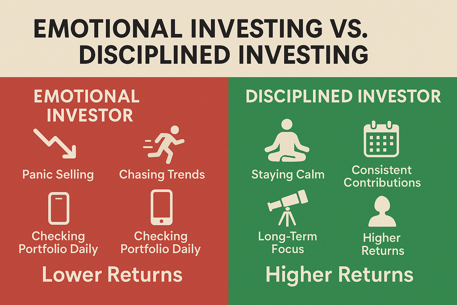 Create a comparison infographic (1536x1024 landscape) titled "Emotional Investing vs. Disciplined Investing the most important thing" at the top in large bold text.