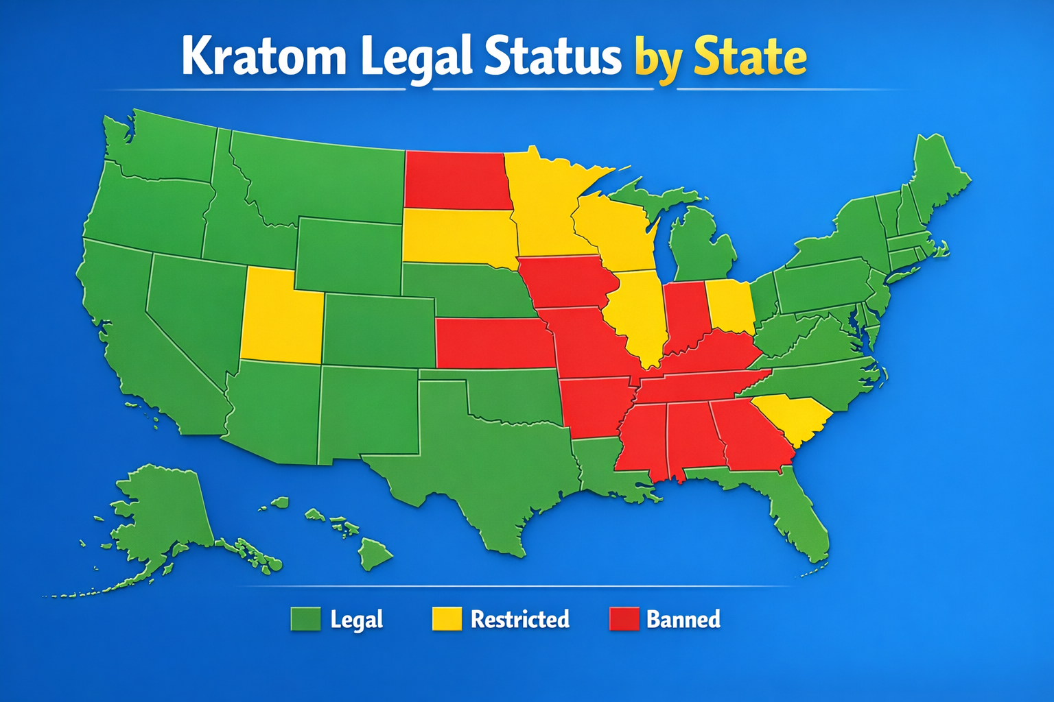 Design a 1536x1024 infographic showing a US map with states color-coded by kratom legal status. Use green for legal states, red for banned s