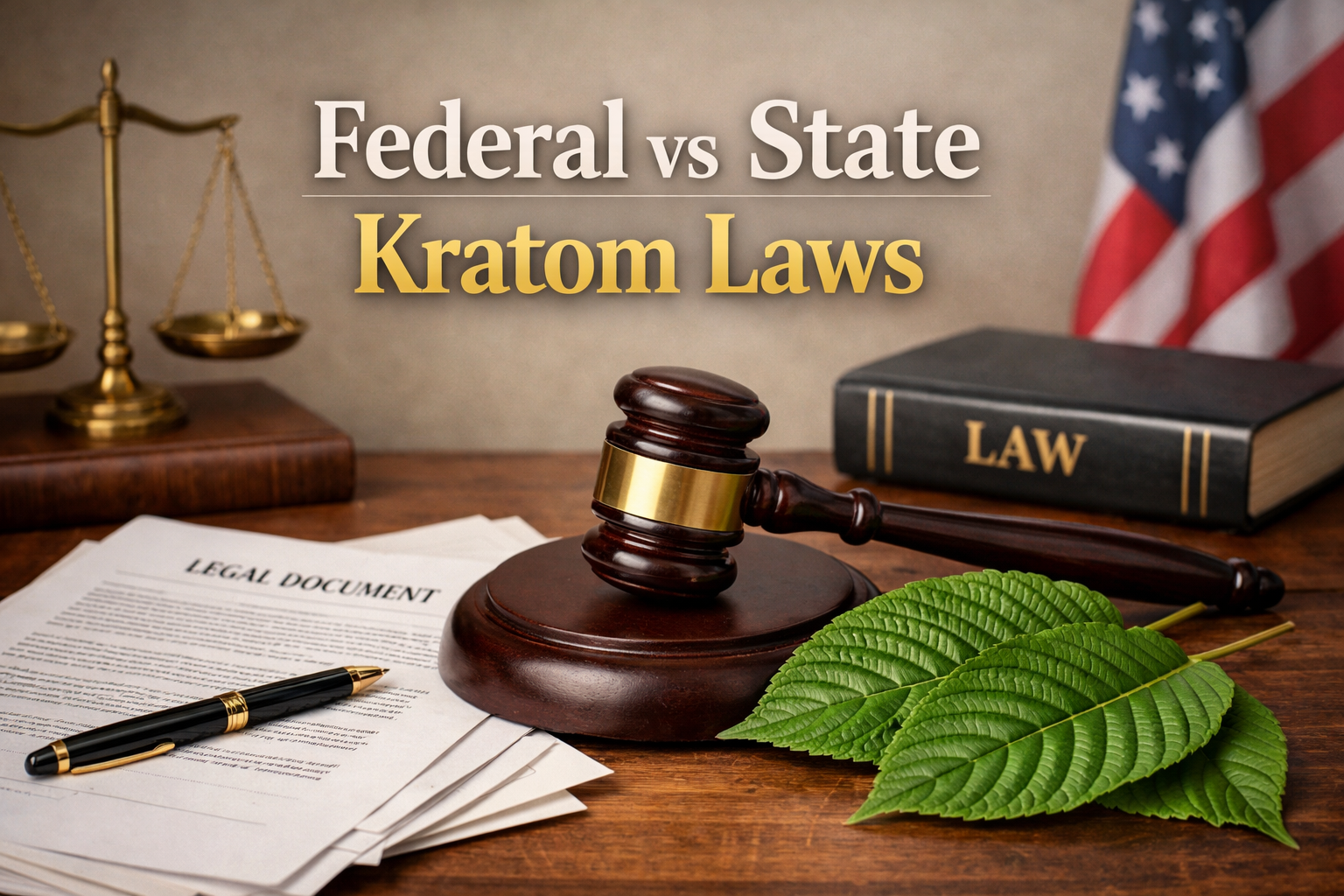 Create a 1024x1024 image showing legal documents, a judge's gavel, and kratom leaves arranged professionally. Include text overlay "Federal 
