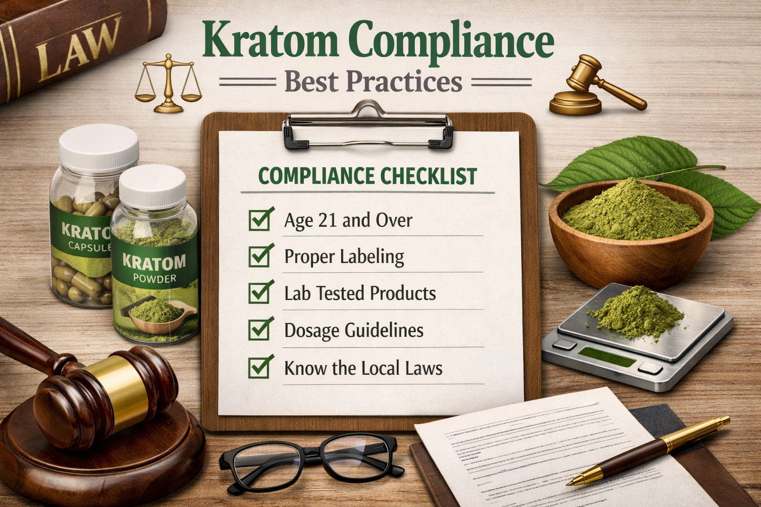 Create a 1024x1024 image showing a compliance checklist with kratom products, representing best practices for legal kratom use. Include text