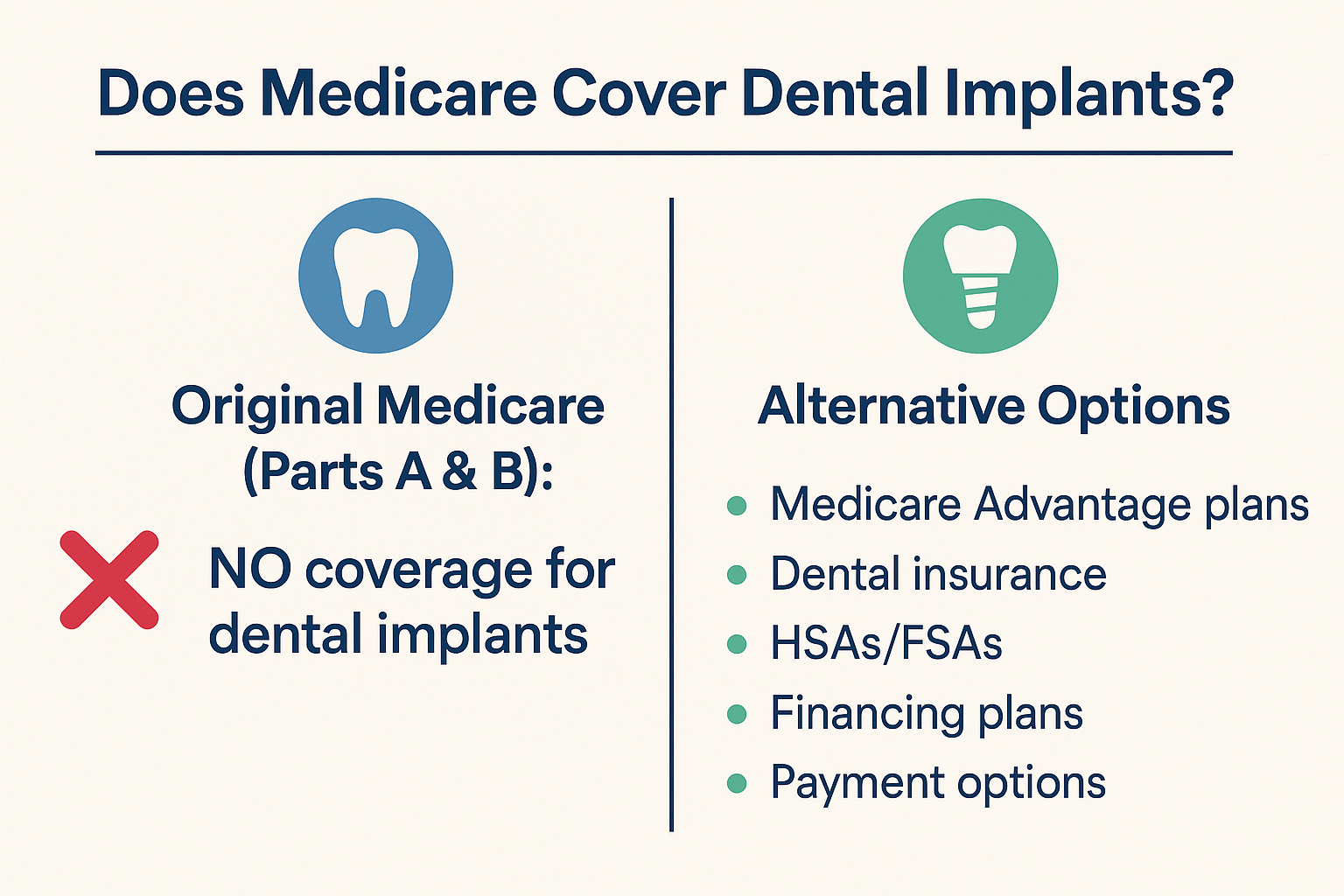 Create a 1536x1024 landscape infographic titled "Does Medicare Cover Dental Implants?" at the top in bold navy blue text. Below, create two 