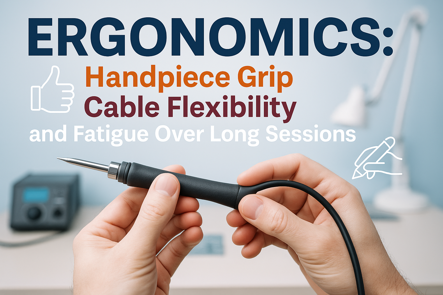 Create a professional cover image in 1536x1024 landscape format showing a close-up of hands holding an ergonomic soldering iron with a flexi