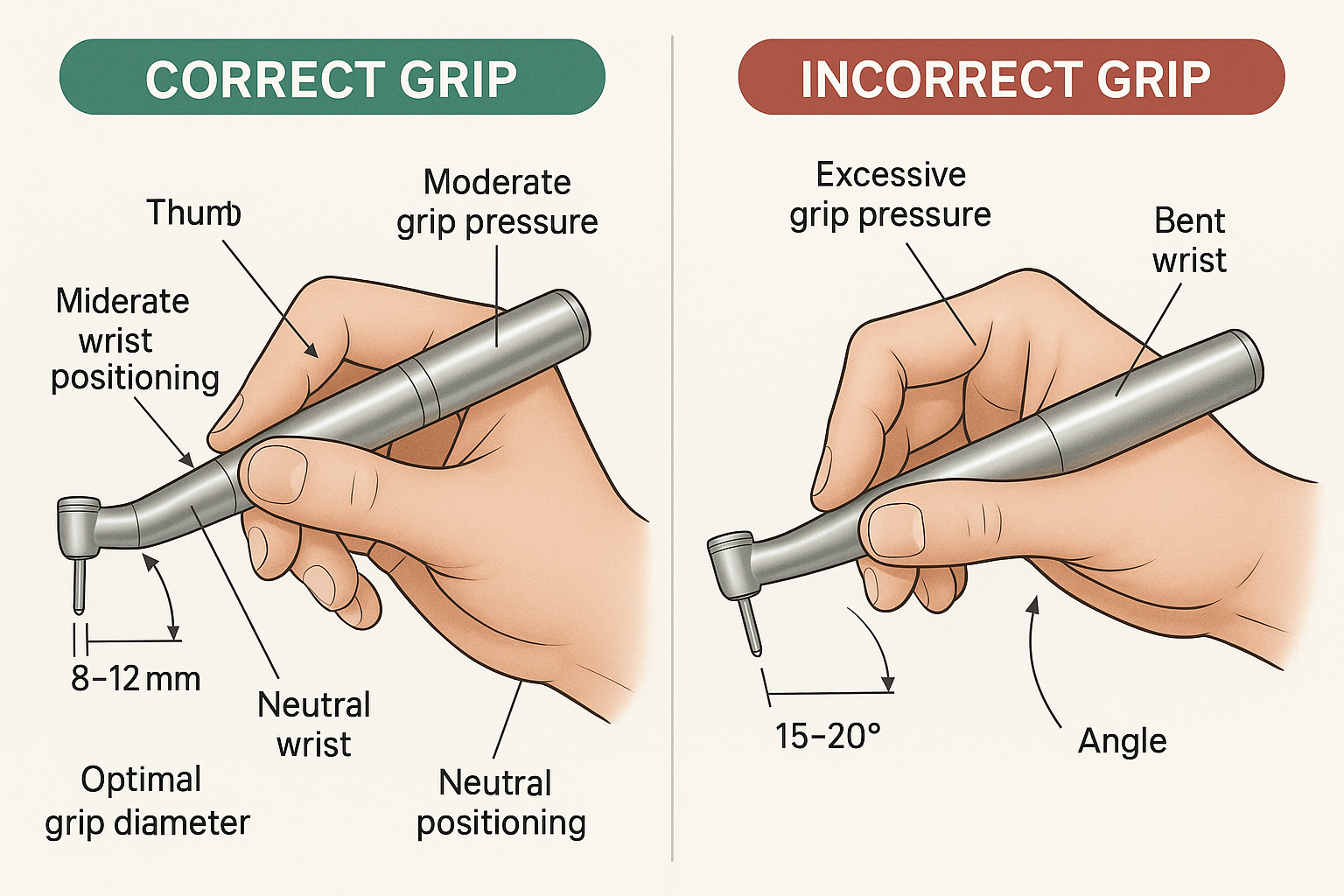 Create a detailed infographic in 1536x1024 landscape format showing proper vs improper handpiece grip techniques. Split the image into two s