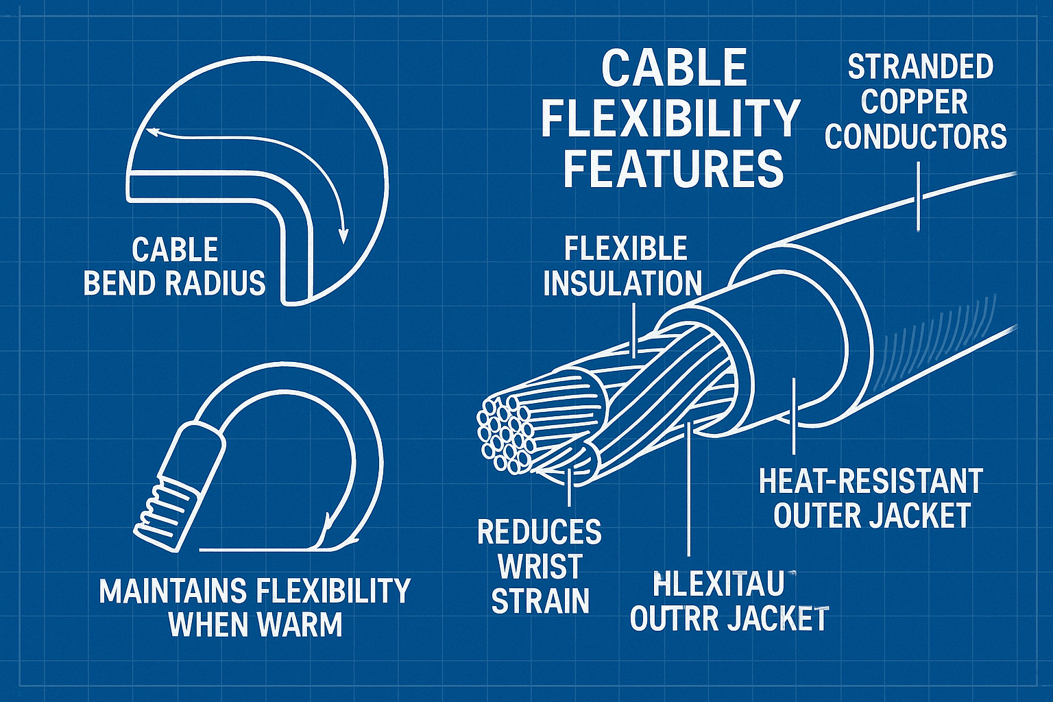 Create an educational diagram in 1024x1024 square format illustrating cable flexibility features. Show a cross-section view of a high-qualit