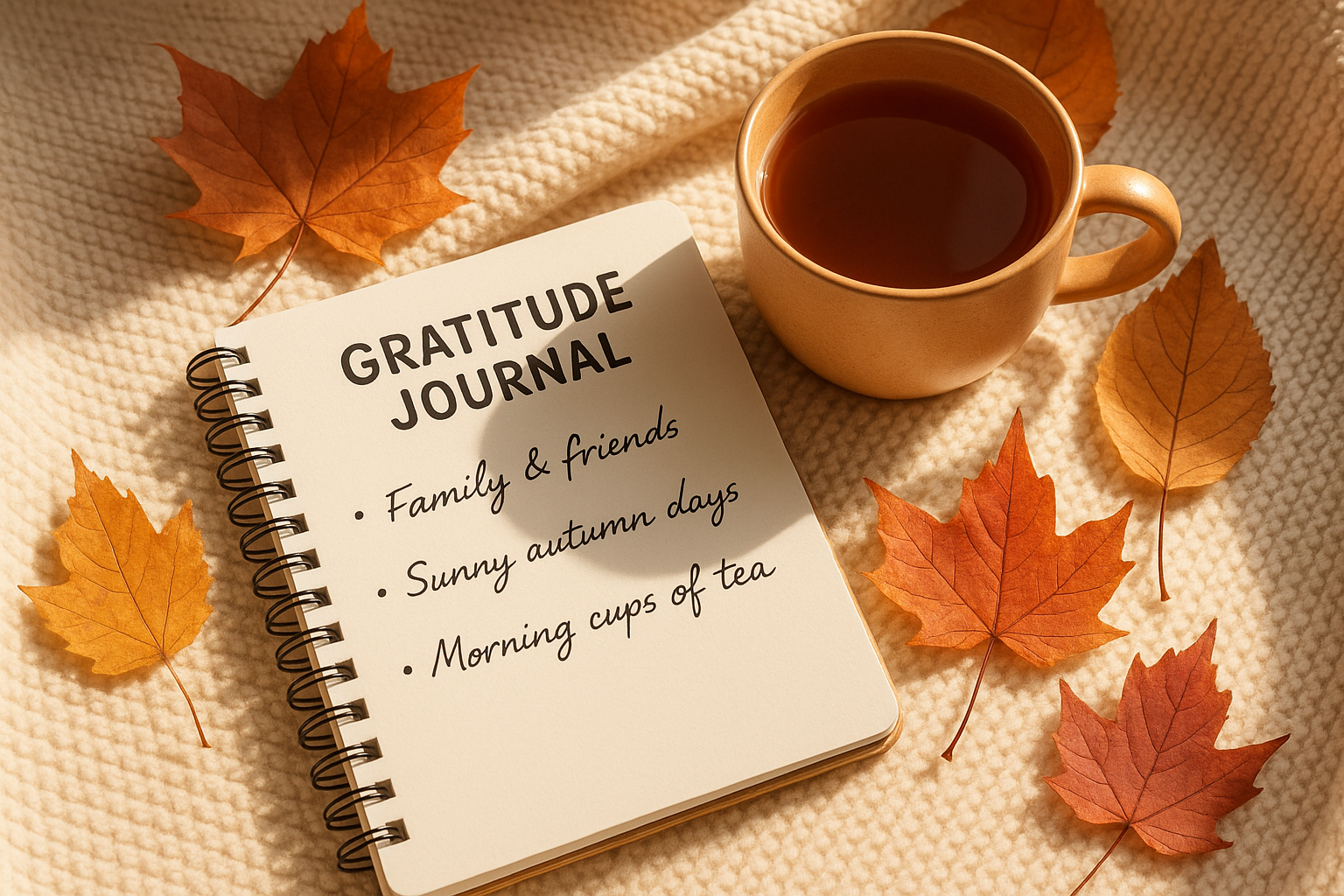 Square 1024x1024 image of a beautifully arranged gratitude journal with autumn leaves, a warm cup of tea, and soft morning light. Include ha