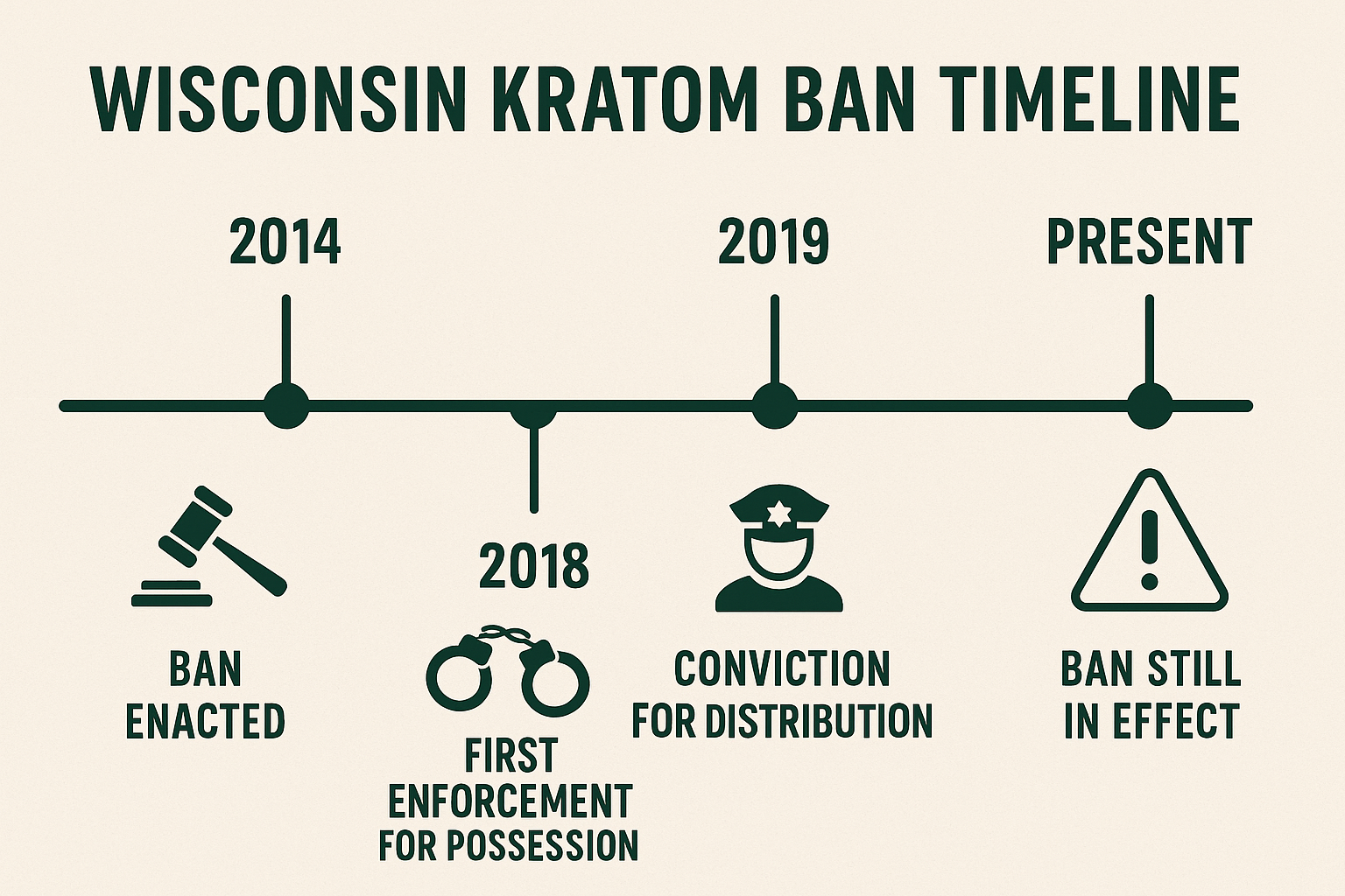 Timeline infographic (1536x1024) - Wisconsin kratom ban timeline from 2014 to present, showing key dates: 2014 (ban enacted), enforcement mi
