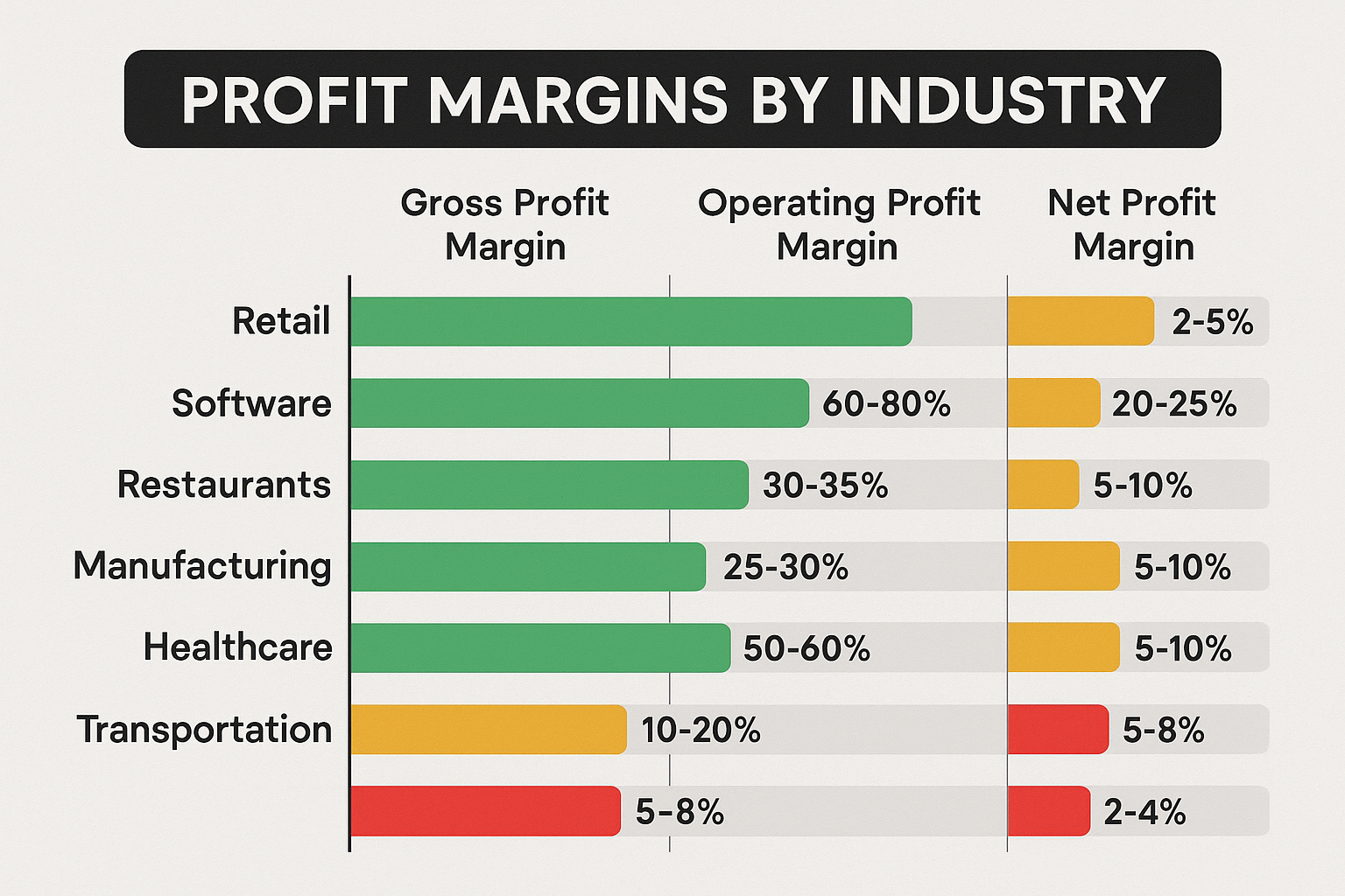 Comparison table infographic in 1536x1024 landscape format showing "Profit Margins by Industry". Display 6-8 different industries (Retail, S