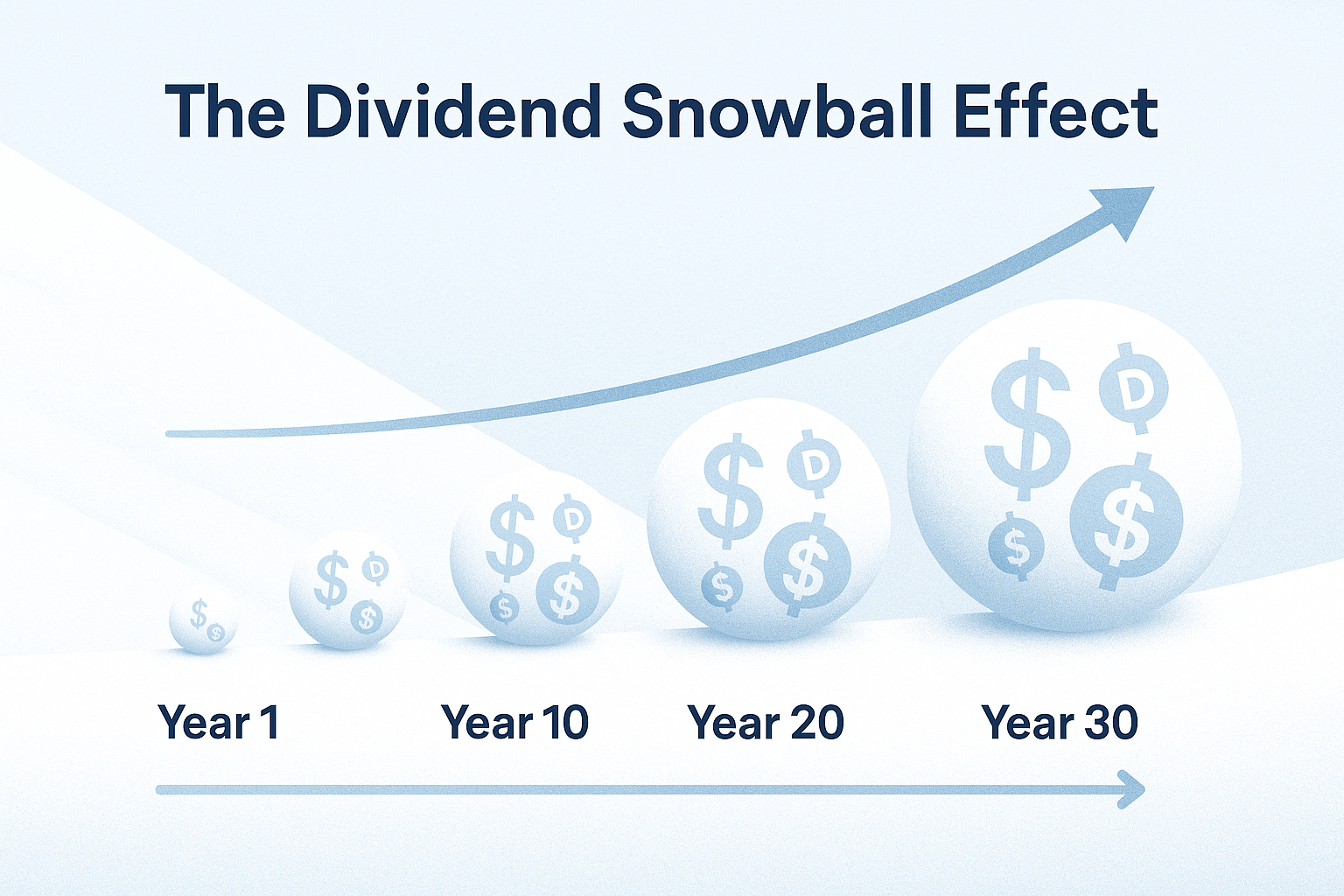 Create a 1024x1024 square image illustrating the dividend growth snowball effect. Show a visual representation of a snowball rolling down a 