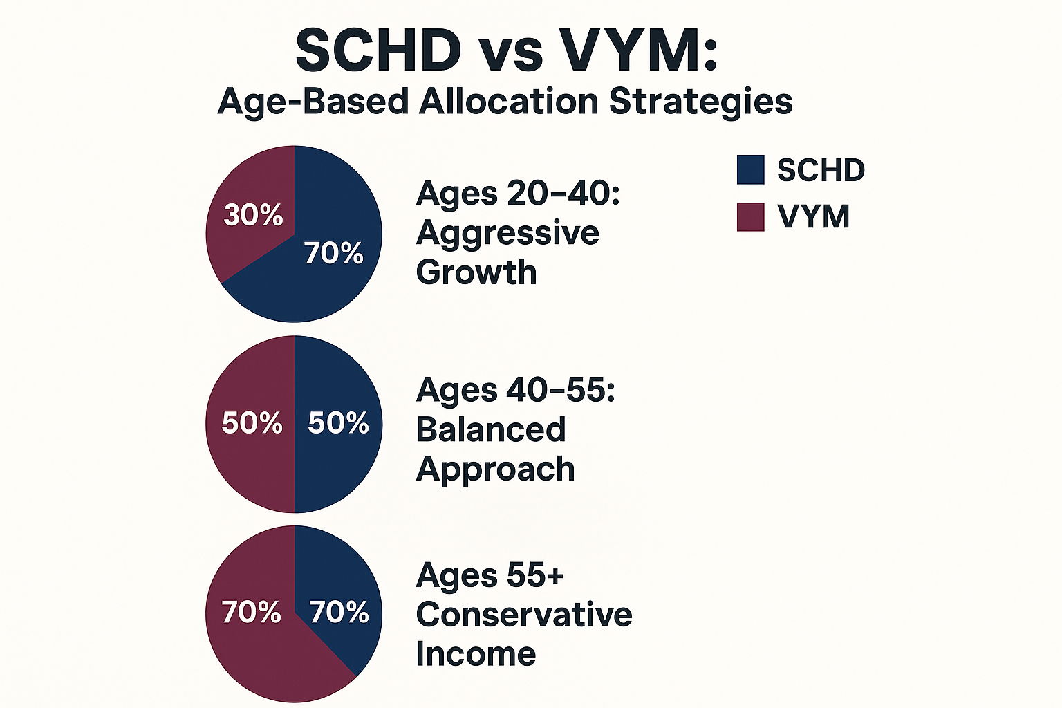 Create a 1024x1024 square image showing a visual representation of portfolio allocation strategies. Design three pie charts stacked vertical