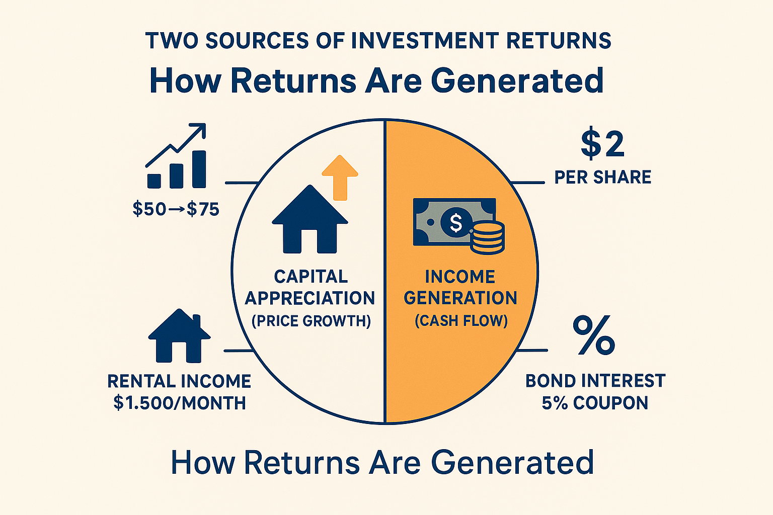 Square 1024x1024 educational diagram showing "How Returns Are Generated." Center circle divided into two halves: top half shows upward arrow