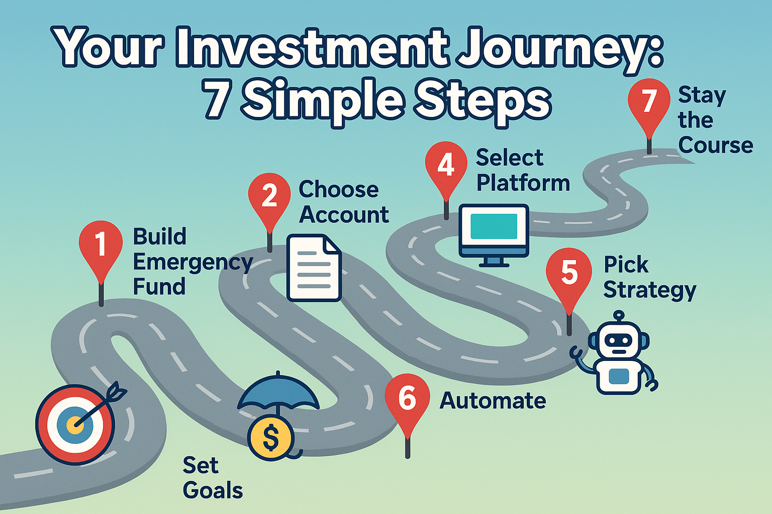 A 1536x1024 landscape image showing "Your Investment Journey: 7 Simple Steps" as a winding path or roadmap. Each step is marked with a numbe
