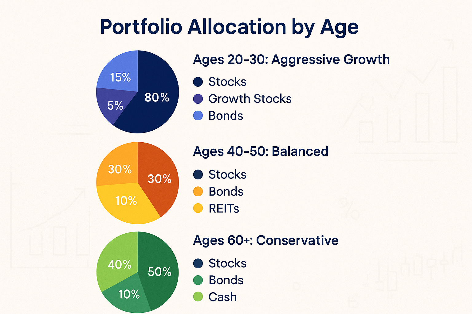 A 1024x1024 square image showing three sample Why Should You Invest: investment portfolio pie charts for different age groups. Top chart labeled "Ages 20-30: Aggre