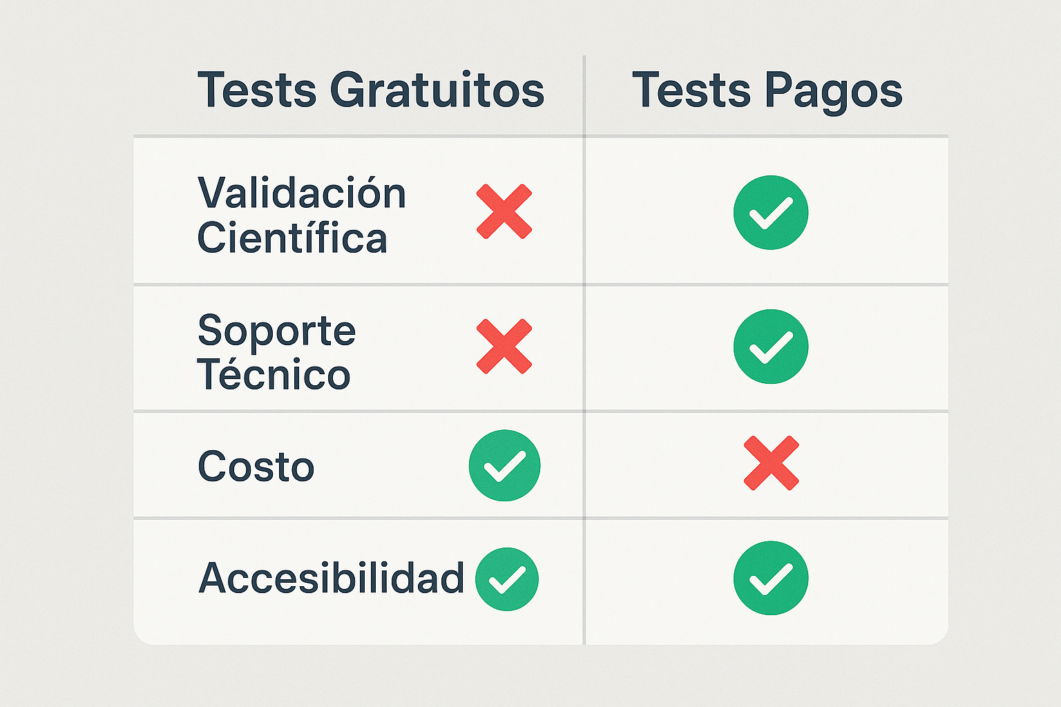 1024x1024 square image showing a comparison table visualization. Two columns labeled "Tests Gratuitos" and "Tests Pagos" with checkmarks and