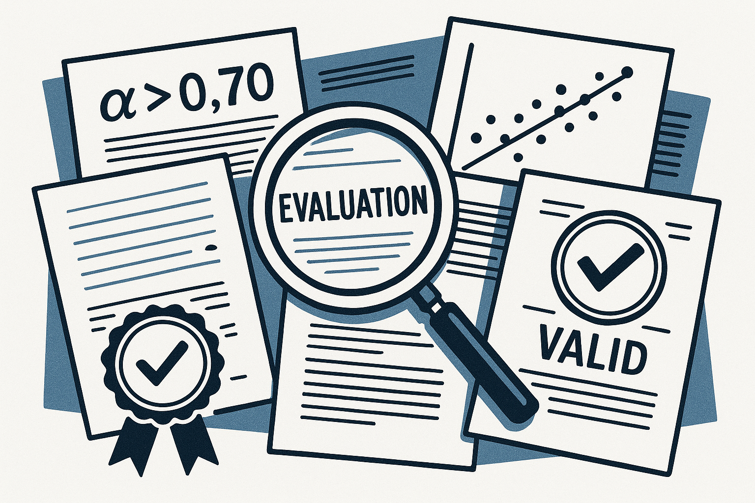 1536x1024 landscape image depicting the evaluation process. Shows a magnifying glass over documents, scientific papers, statistical charts,