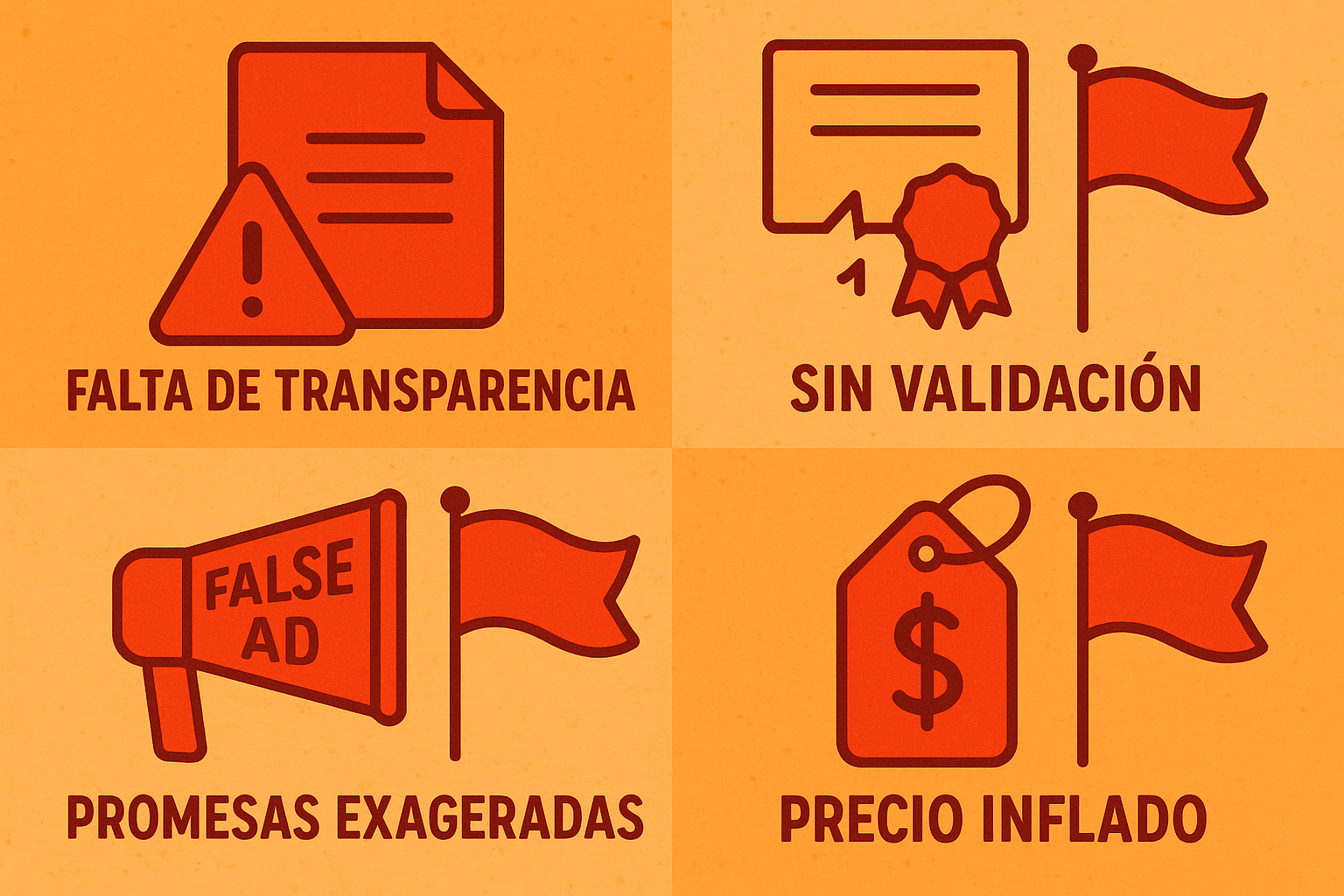 1024x1024 square illustration showing warning signs and red flags. Icons representing "Falta de Transparencia" (hidden document), "Sin Valid