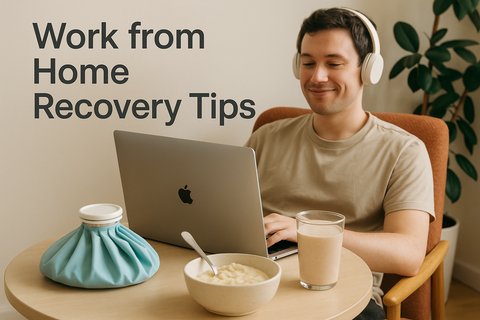 Create a 1024x1024 square image showing a person working comfortably from home with an ice pack nearby, soft foods on the desk, and a relaxe