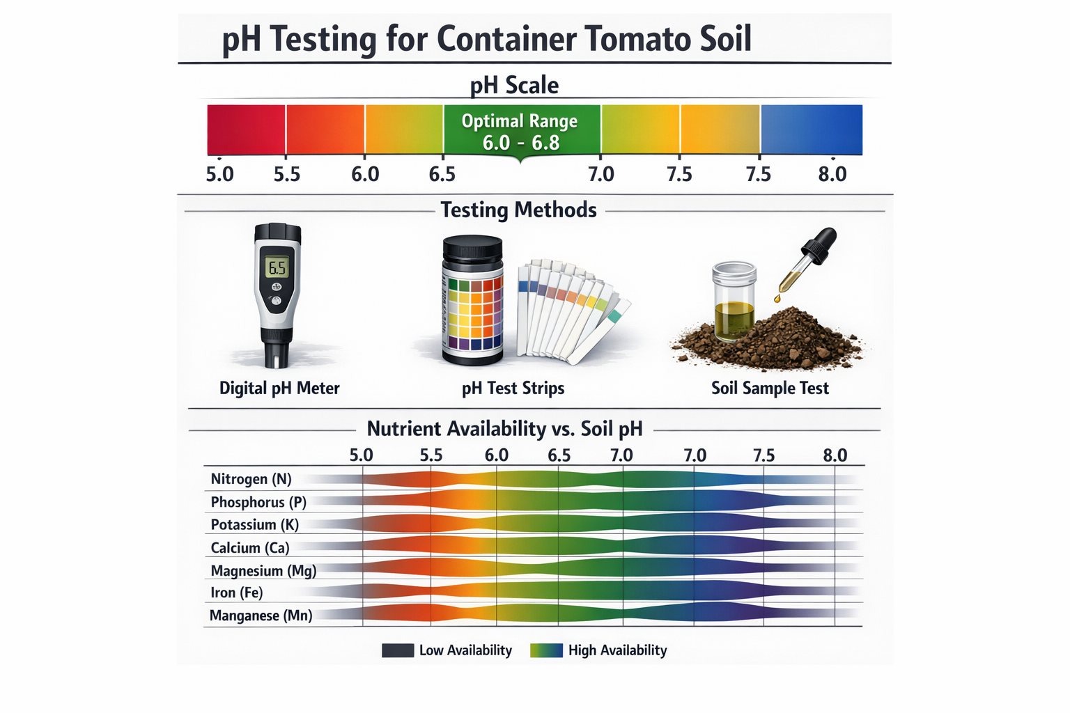Create a 1024x1024 square pH testing infographic for container tomato soil. Show pH scale from 5.0 to 8.0 with optimal range (6.0-6.8) highl