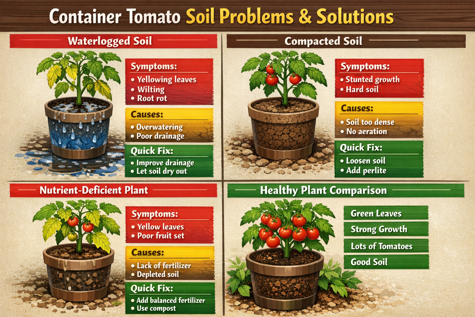 Create a 1536x1024 landscape image showing common container tomato soil problems and solutions. Display four panels: waterlogged soil, compa