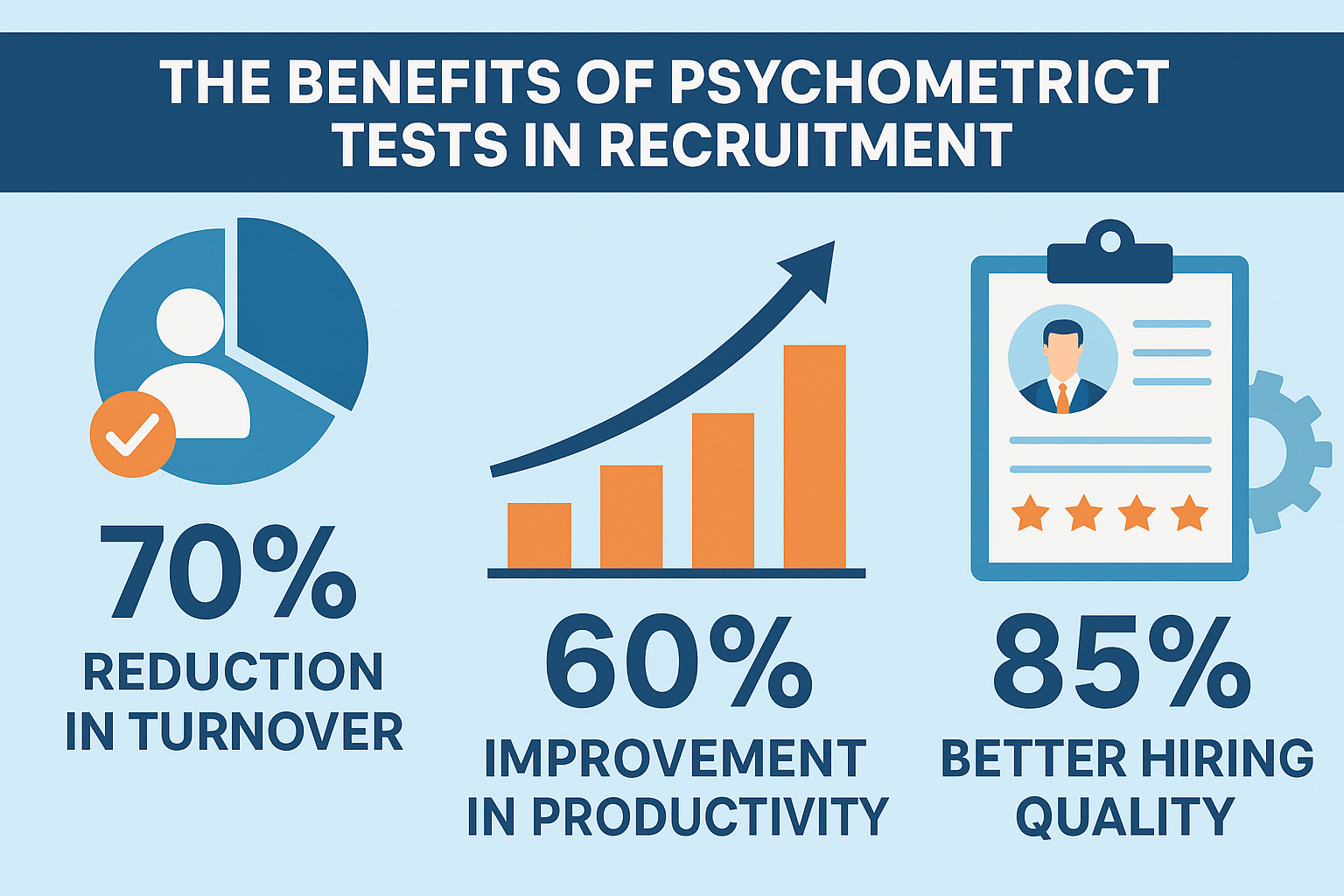1536x1024 landscape Design an infographic showing the benefits of psychometric tests in recruitment. Include icons and statistics: 70% reduc