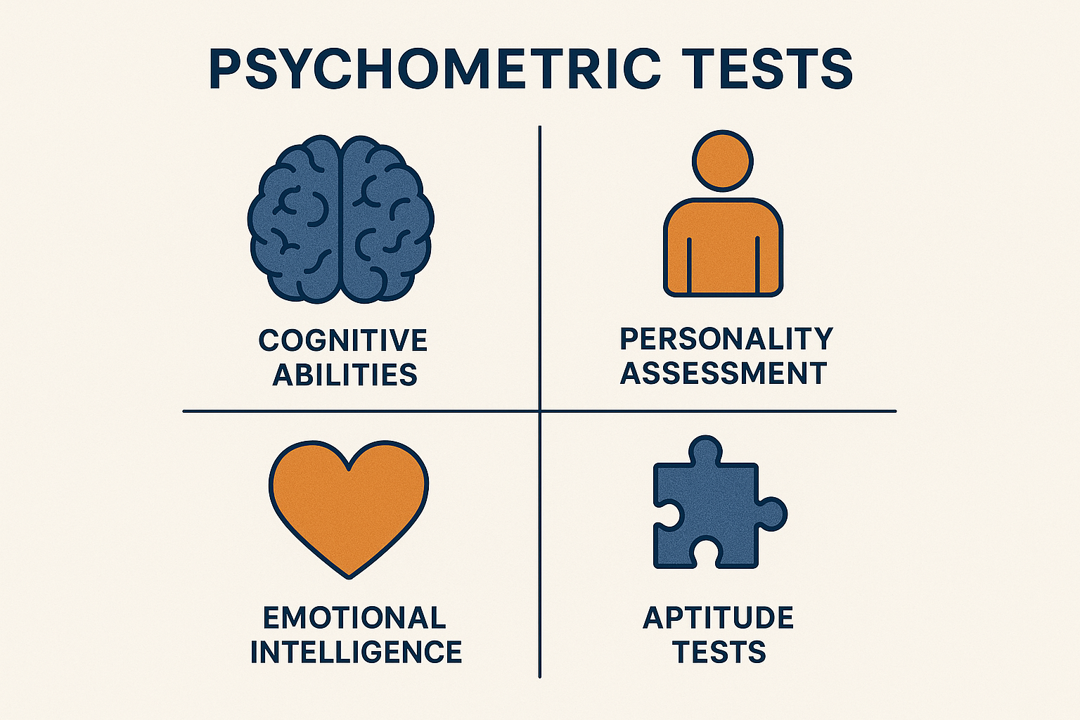 1024x1024 square Create an illustration showing different types of psychometric tests: cognitive abilities (brain icon), personality assessm