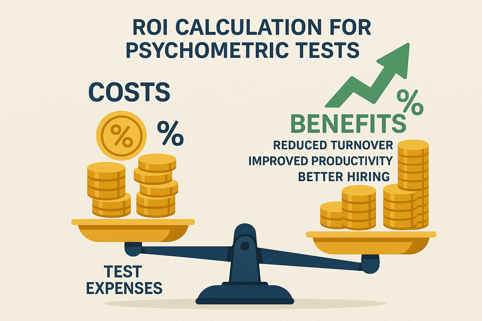 1024x1024 square Create a visual representation of ROI calculation for psychometric tests. Show a balance scale with costs on one side (test