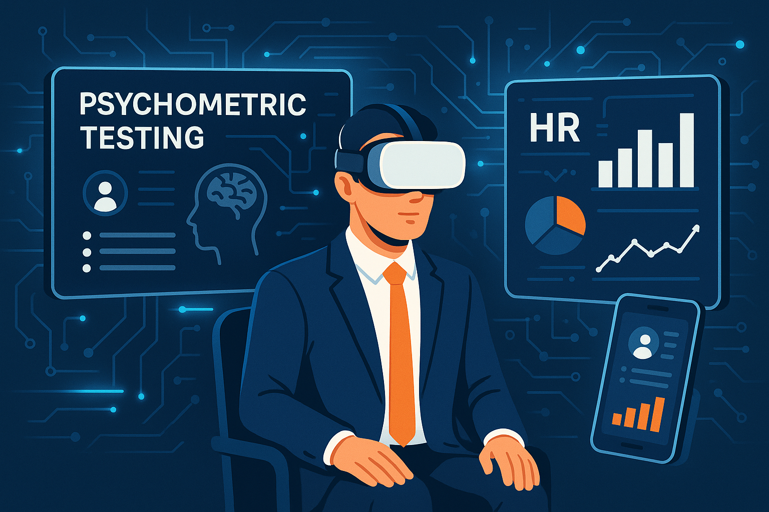 1536x1024 landscape Design an image showing the future of psychometric testing with AI, VR headsets, data analytics dashboards, and mobile d