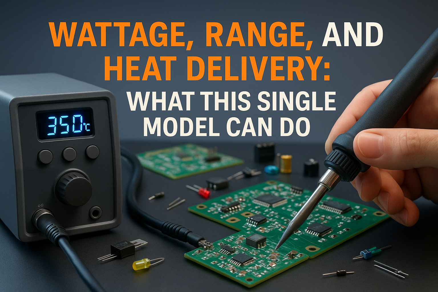Create a 1536x1024 landscape cover image featuring a modern soldering station in action with circuit boards and electronic components in the