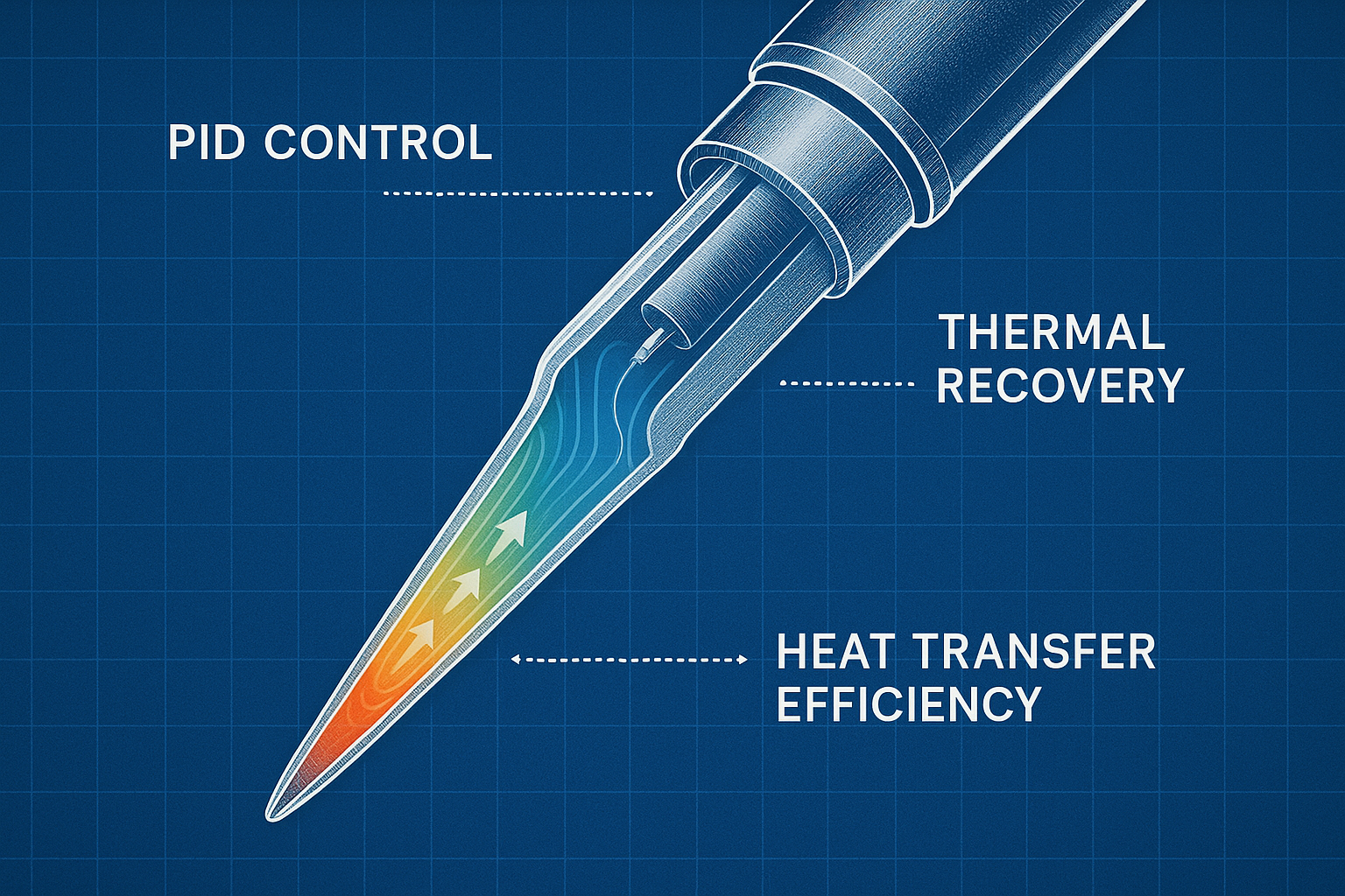 Create a 1024x1024 square image showing a detailed cross-section view of a soldering tip with heat flow visualization. Include temperature g