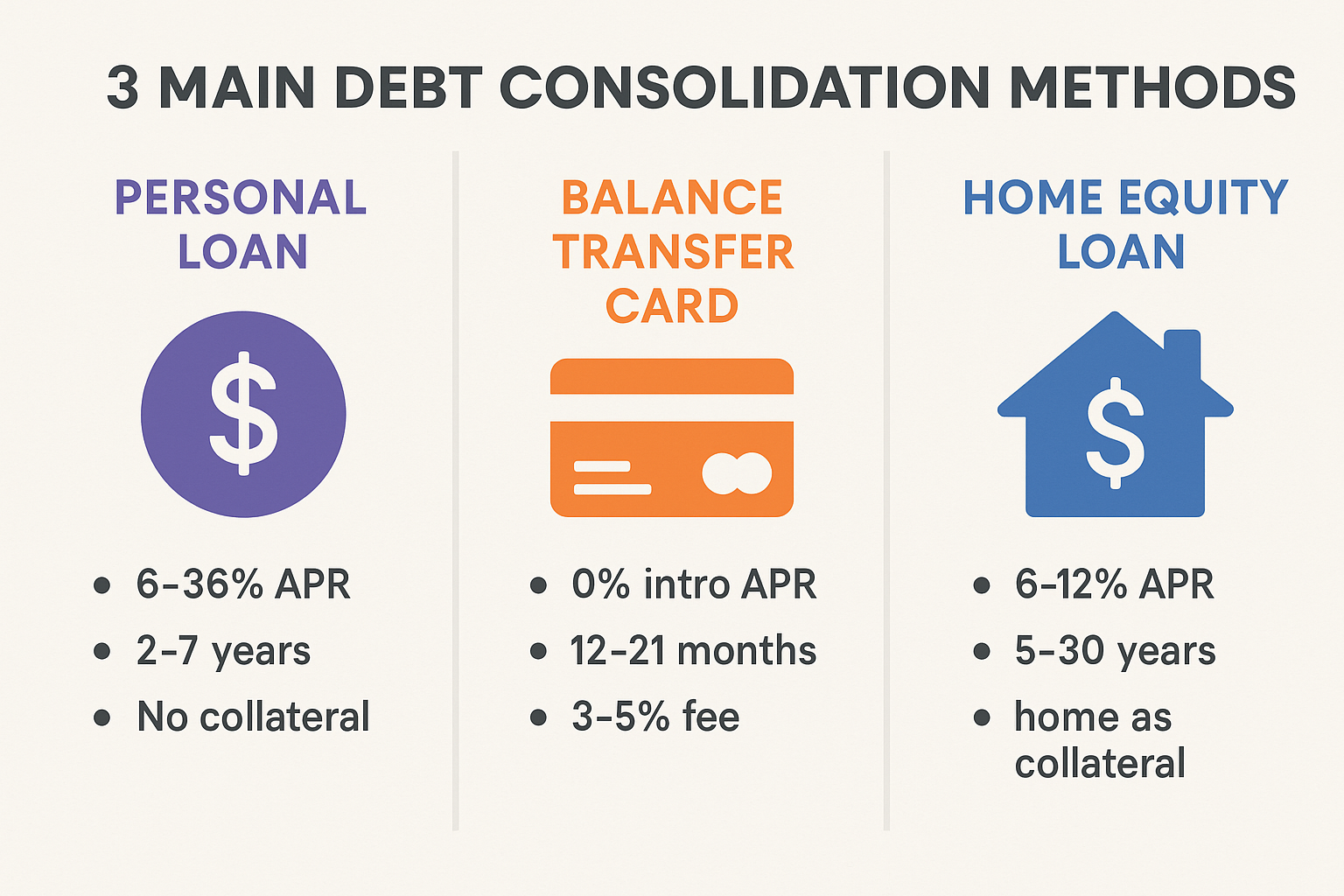 Infographic in 1536x1024 landscape format showing "3 Main Debt Consolidation Methods" with three equal columns. Left column: Personal Loan i