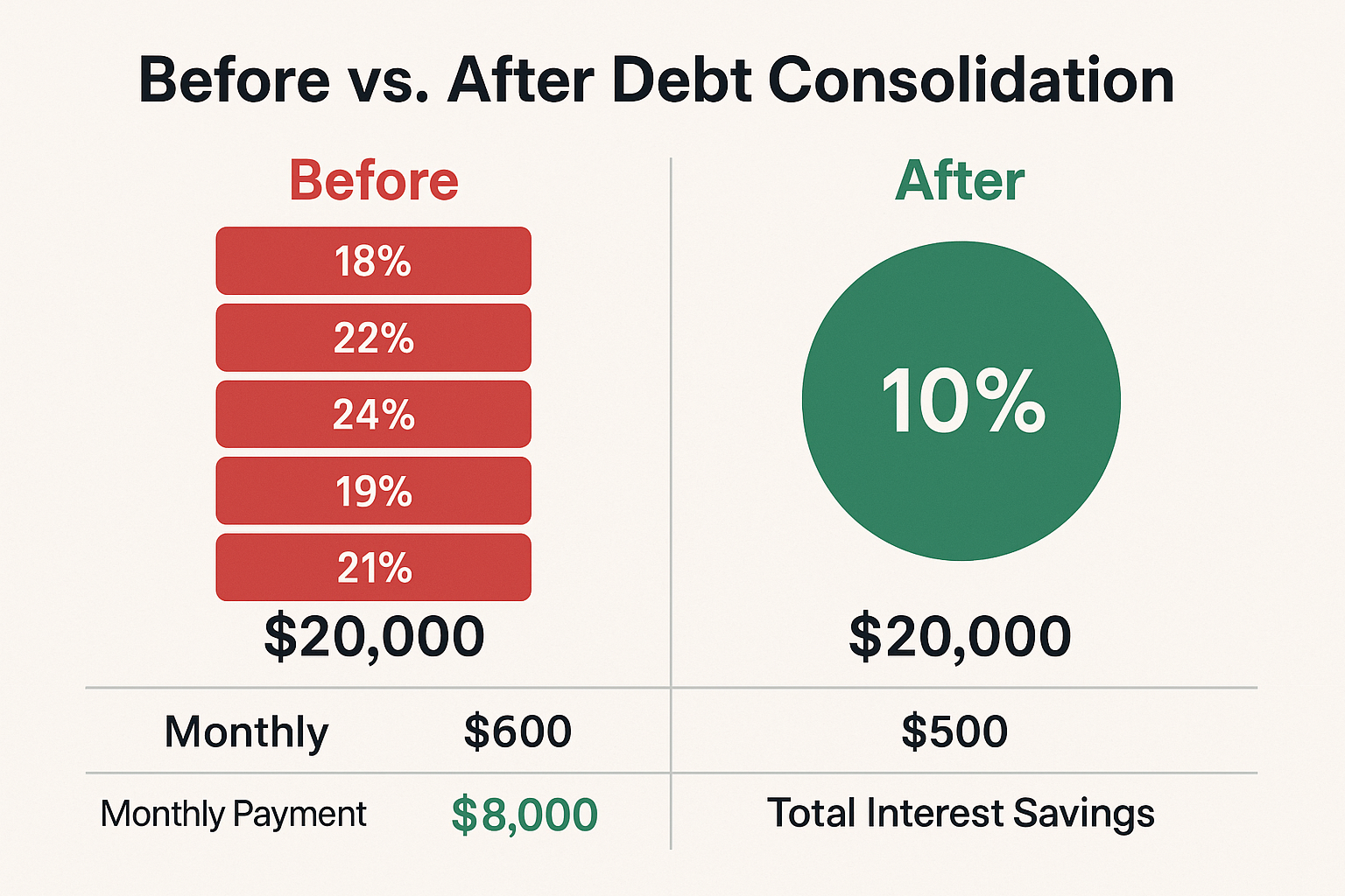 Comparison chart in 1536x1024 landscape format titled "Before vs. After Debt Consolidation" showing two scenarios side by side. Left side la