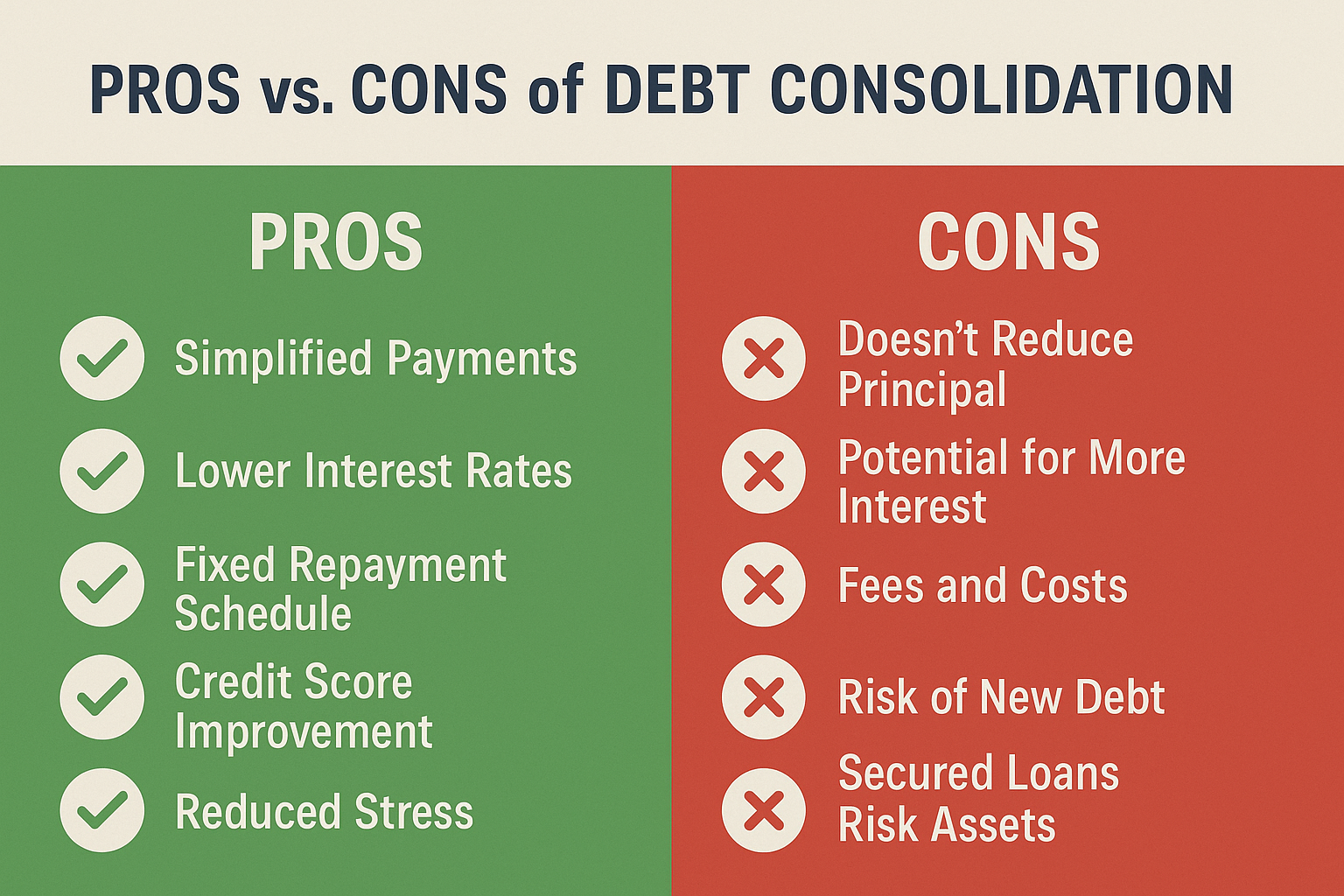 Infographic in 1536x1024 landscape format showing "Pros vs. Cons of Debt Consolidation" split down the middle. Left side in green lists pros