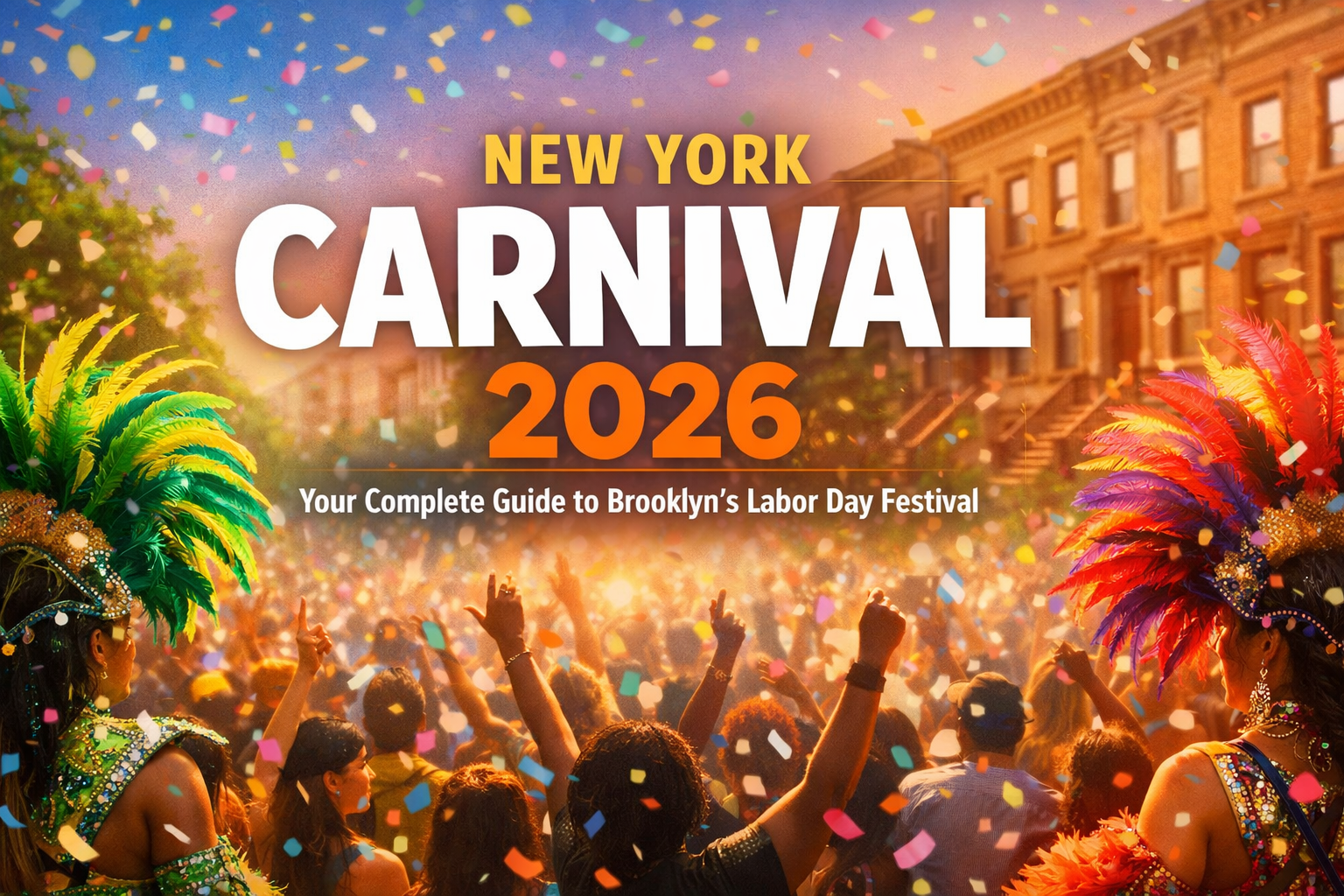 A vibrant landscape cover image (1536x1024) featuring a dynamic carnival scene with colorful masquerade costumes with large feathered headdr