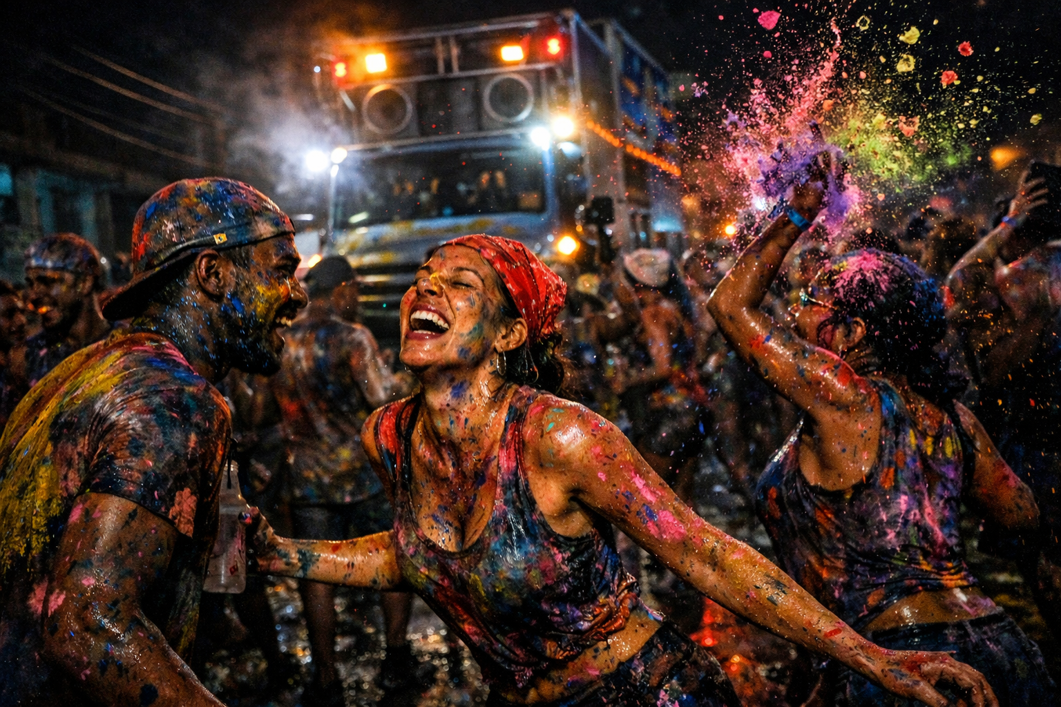 A square image (1024x1024) showing an authentic J'ouvert scene with people covered in colorful paint and powder, dancing in the predawn dark