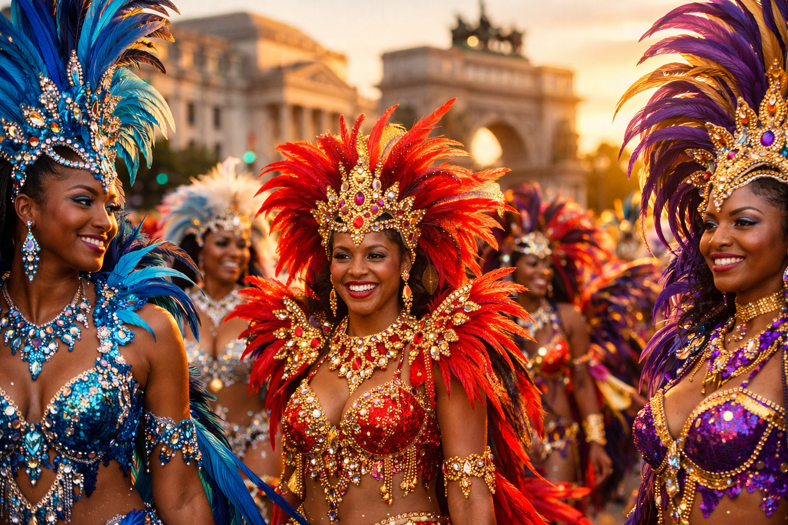 A vibrant square image (1024x1024) showcasing elaborate carnival costumes with detailed feathers, beadwork, and sequins in the golden hour s