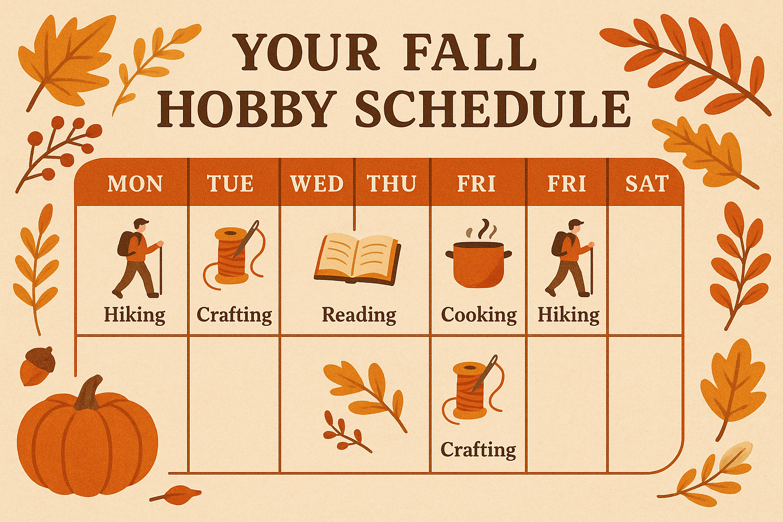 Landscape 1536x1024 weekly hobby schedule visualization showing a beautiful calendar layout with fall-themed illustrations for each day's ac