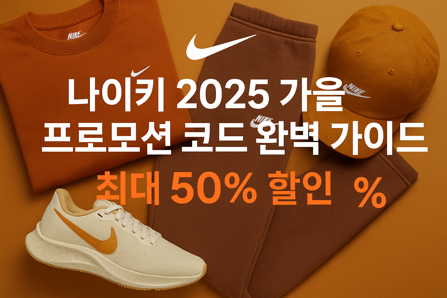 Create a beautiful cover image in 1536x1024 landscape format featuring Nike shoes and clothing items with autumn colors (orange, brown, gold