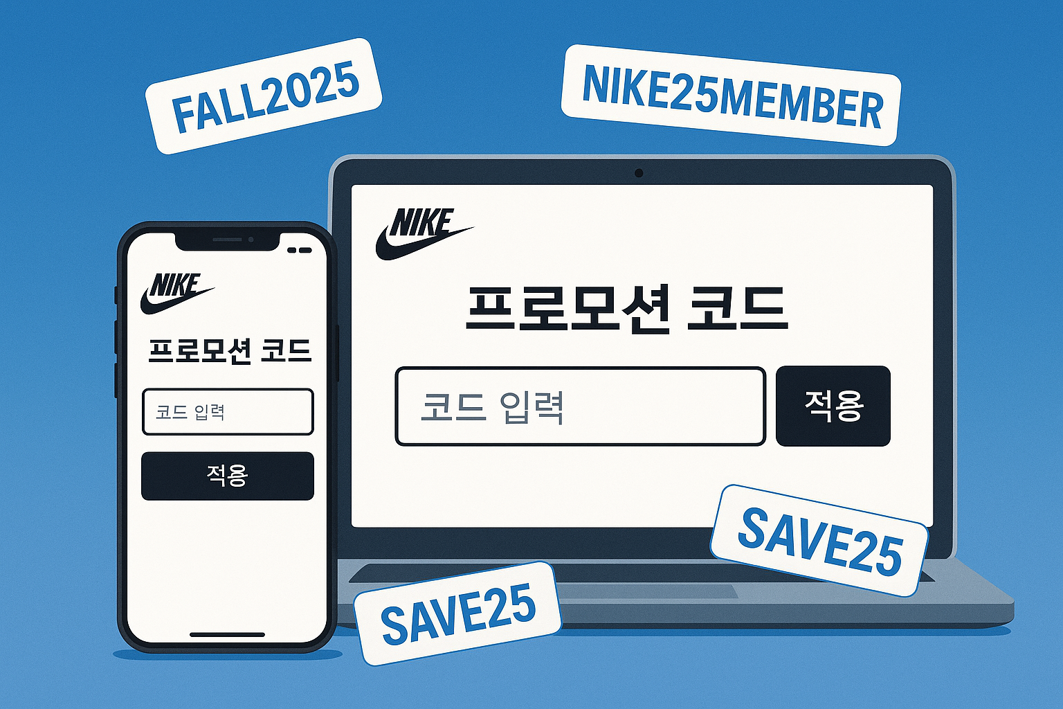 Create a 1024x1024 square image showing a smartphone and laptop displaying Nike website with promo code entry fields. Include floating disco