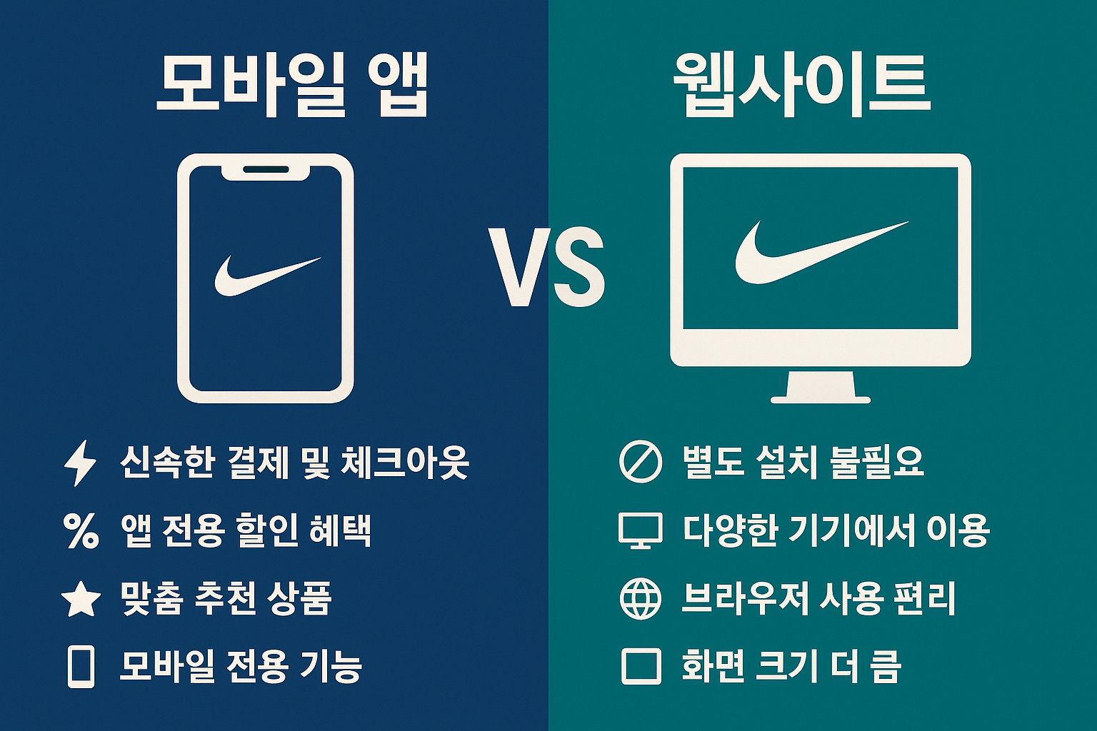 Create a 1536x1024 landscape comparison chart showing mobile app vs website benefits for Nike shopping. Split the image into two sections wi